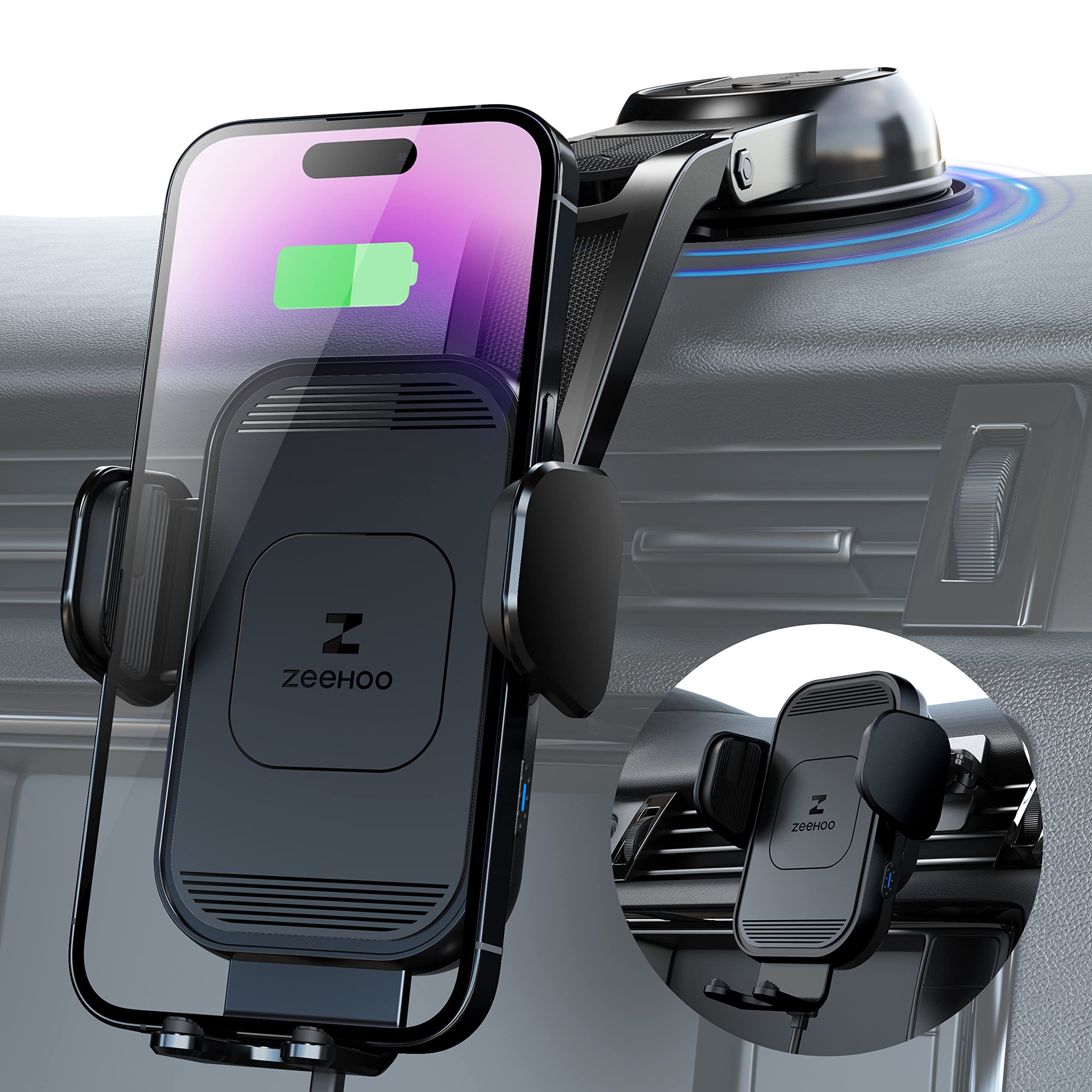 Zeehoo Wireless Car Charger, 15W Fast Charging, Auto Clamping Car Phone Mount, Cell Phone Holder Charger, For Iphone 15 14 13 12 11 Pro Max Xs, Etc. (Black)