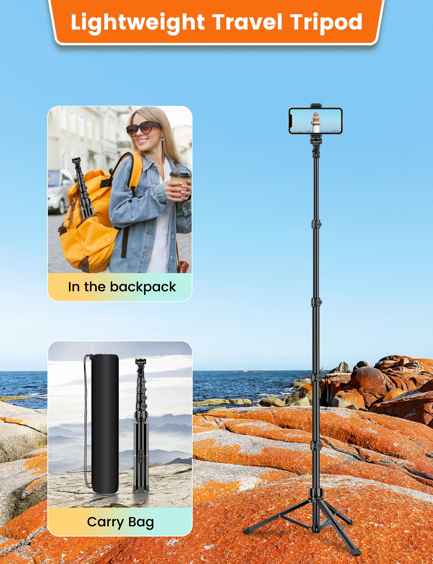 Victiv 69" Cellphone Tripod Stand For Phone & Camera, Portable Tripod For Iphone With Remote Phone Holder, Selfie Stick For Smartphone, Compatible With Iphone/Android