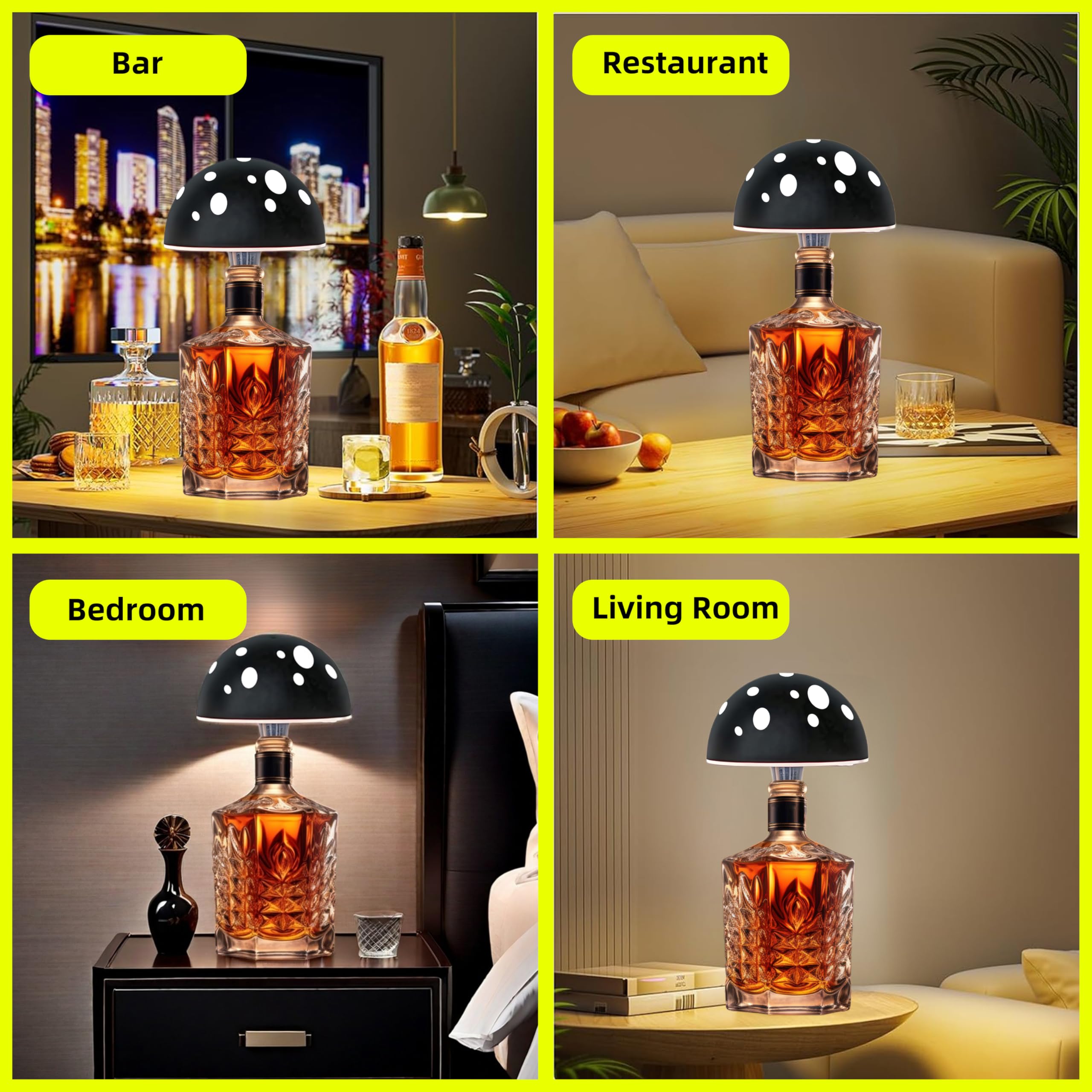 Fozxsvg Mushroom Bottle Lamp, Alloy Wine Bottle Lights, Led Table Lamps With 2000Mah 3 Color Adjustable For Bedroom, Bar, Restaurant (Black)