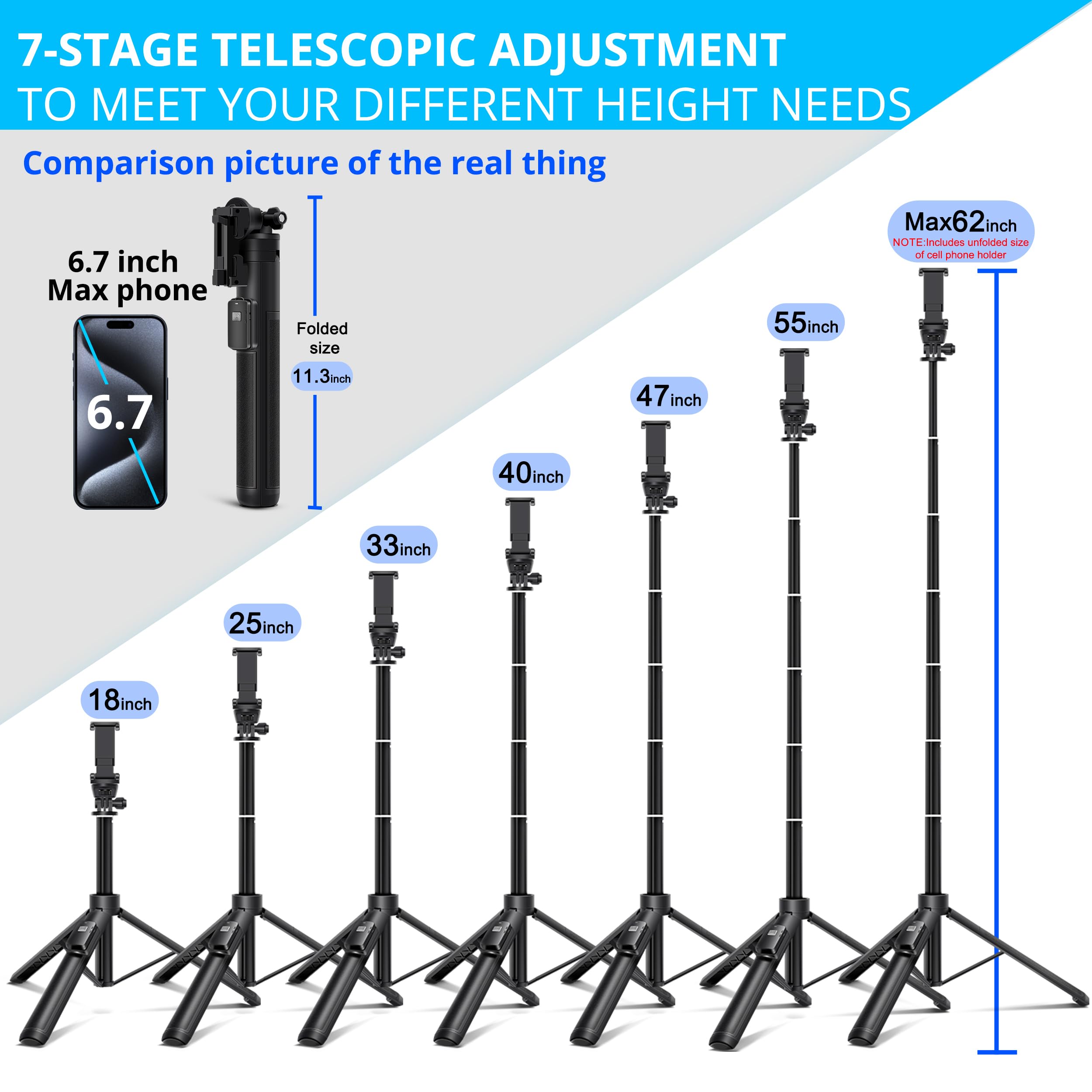 Alptoy 62-Inch Selfie Stick And Tripod Legs For Cell Phone And Camera, Portable Travel Tripod Stand, Remote Control, Compatible With Iphone & Android And Camera (Black)