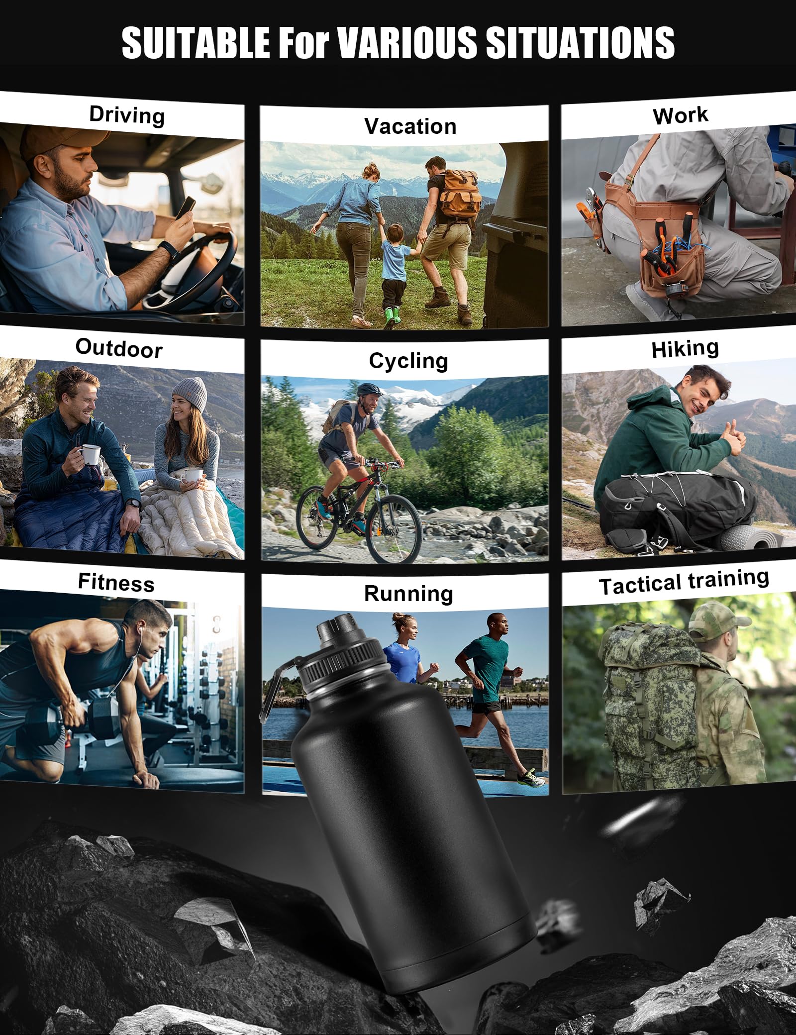 Tactical Half Gallon Water Bottle With Straw, 64 Oz Insulated Water Jug With Molle Sleeve