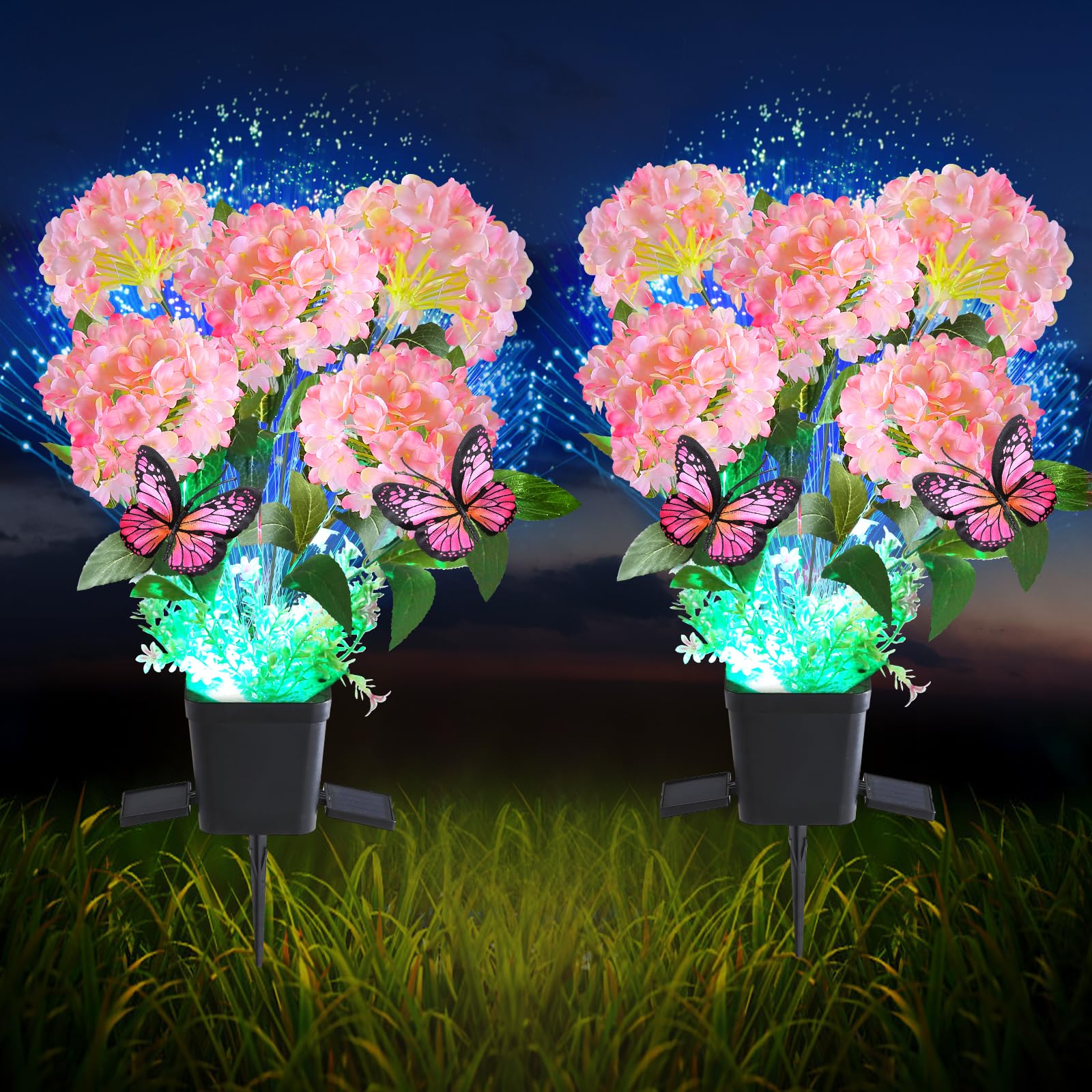 Zpqbeye Solar Garden Lights Outdoor Waterproof Decorative Hydrangea Flower Pot 2 Pack With Butterfly & 7-Color Changing Optical Fiber,Solar Flowers For Outside Garden Yard Decor, For Mother'S Day