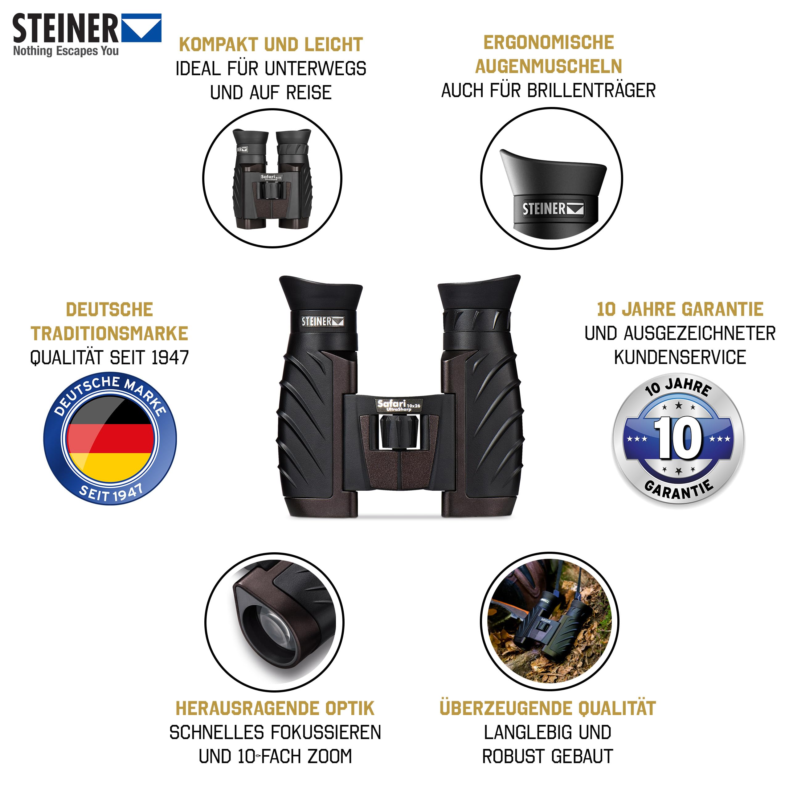 Steiner Safari Ultrasharp 10 X 26 Binoculars, Compact, Large Magnification, Robust, Waterproof, Ideal For Travel, Hiking, Concerts, Sports And Nature Observation