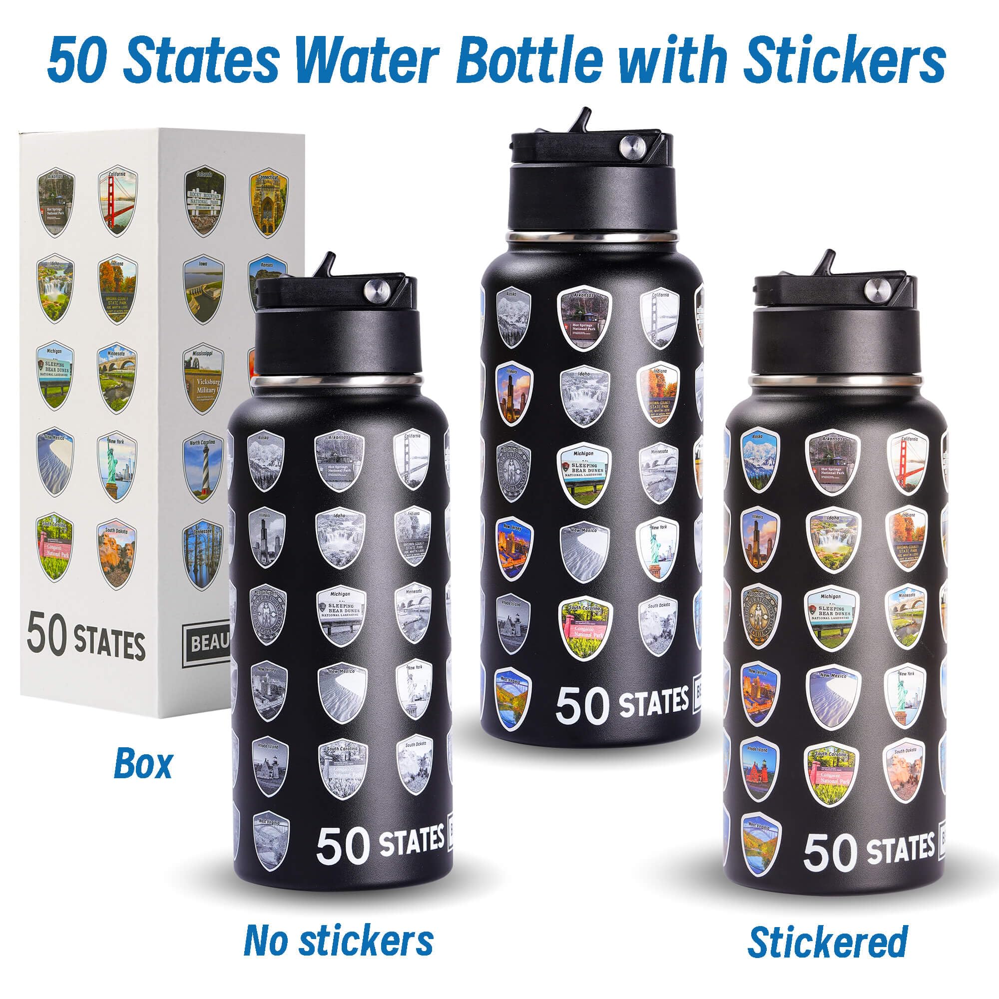 50 States Water Bottle With Stickers, National Parks Water Bottle, Stainless Steel Insulated Bottle