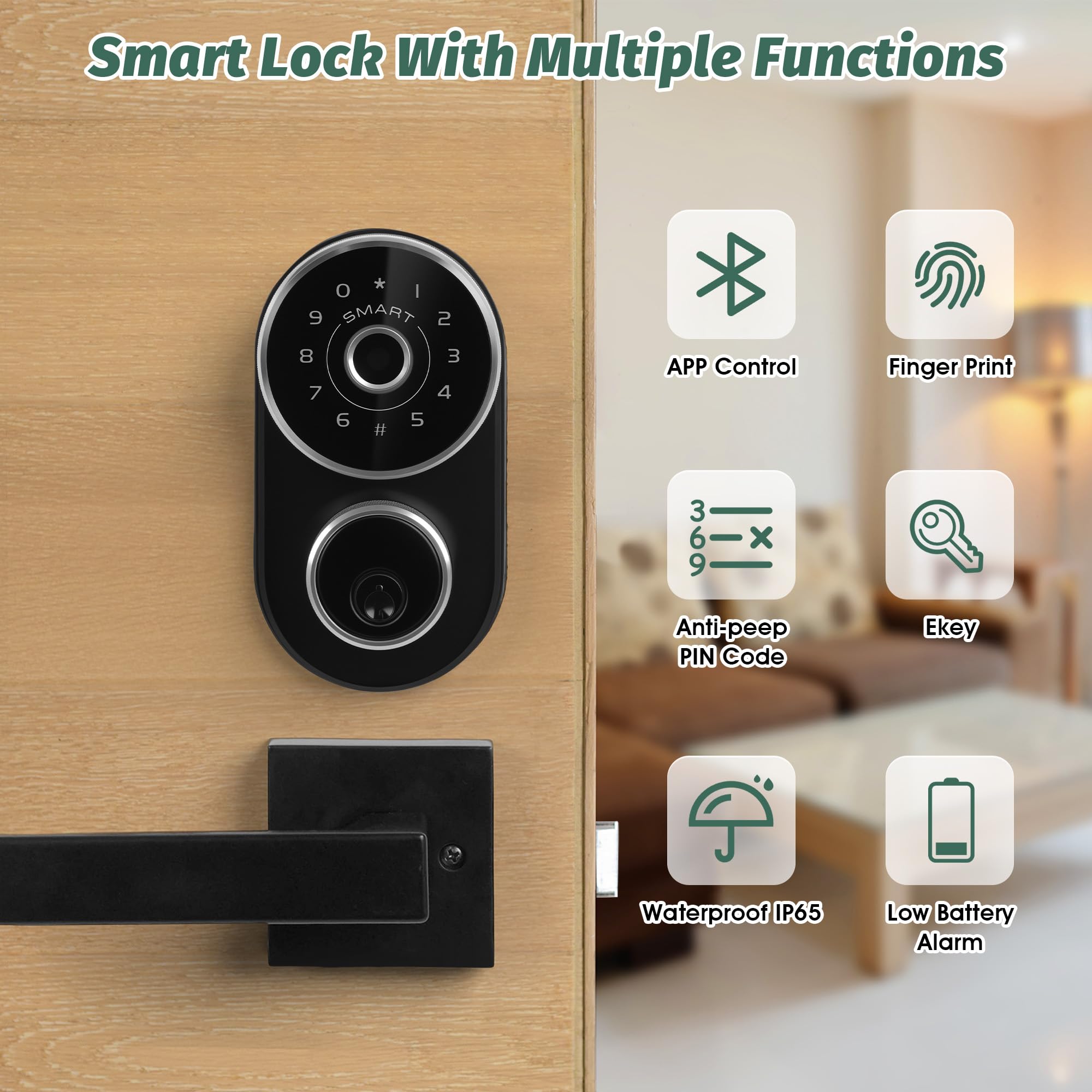 Cobuy Keyless Entry Door Lock With Handle,Digital Smart Door Deadbolt With Keypad Code,Fingerprint With App Control,Easy Installation, Auto Lock,Anti-Peeping Password