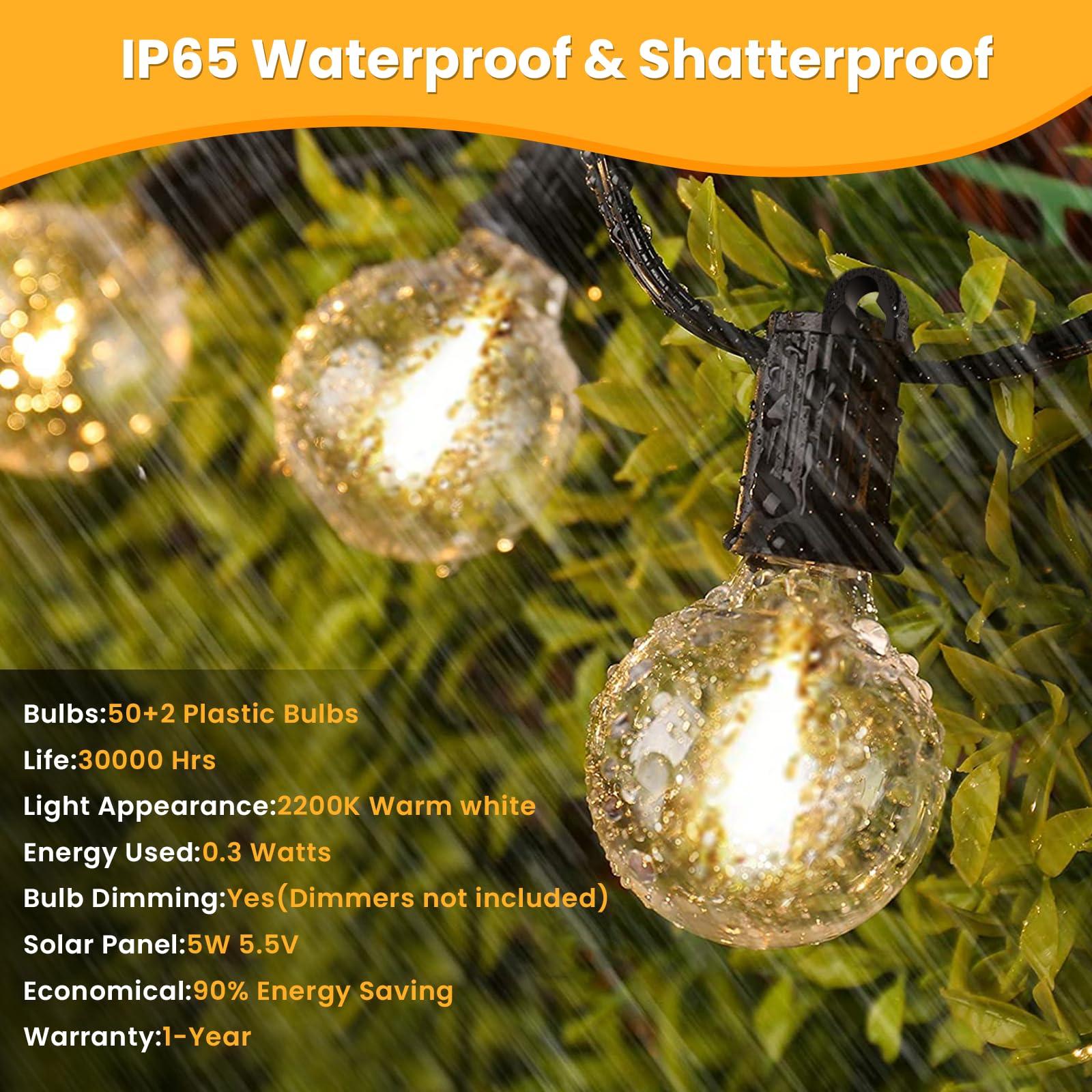 Zotoyi Solar String Lights Outdoor Waterproof Ip65 100Ft With Usb Port And 50+2 Shatterproof G40 Bulbs, Up To 8-12 Hours For Using, Led Solar Powered Patio Lights For Outside, Patio, Porch, 2200K