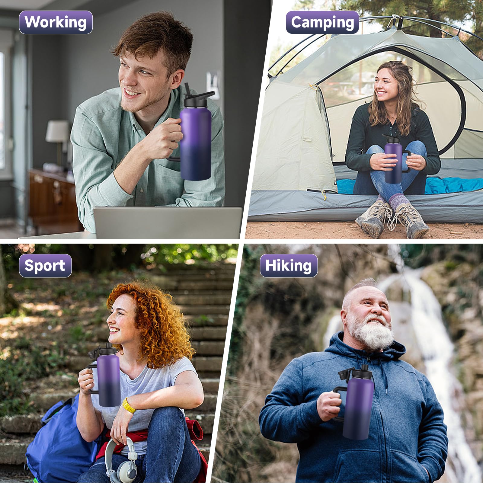 32Oz Insulated Water Bottle With Handle, Stainless Steel Sports Metal Water Flask With Straw