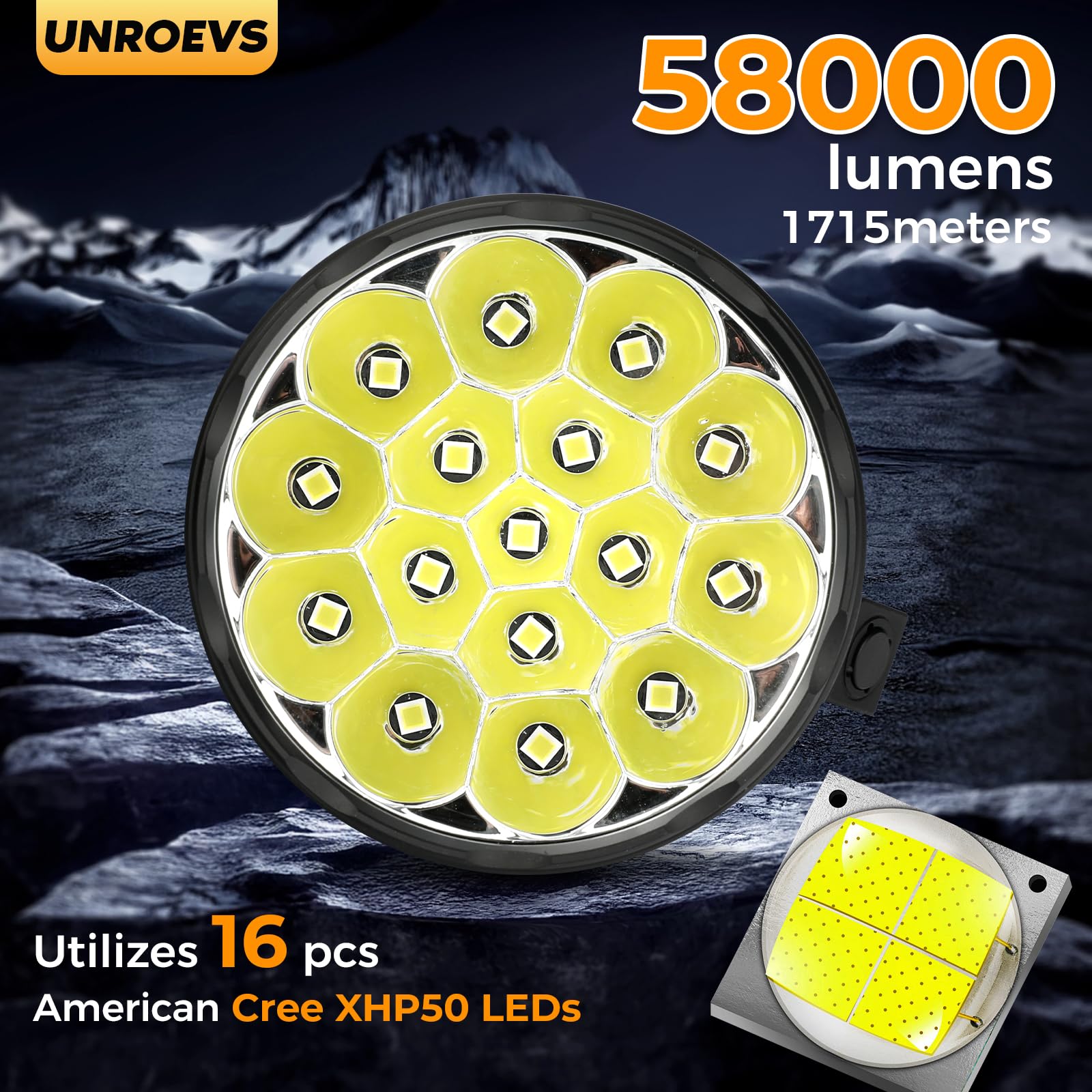 Unroevs W322 Brightest Flashlight 58000 Lumens,Super Bright Flashlight With 16 Pcs Cree Xhp50.3 Leds,High Powered Flash Light Long Beam 1715 Meters,Most Powerful Light For Caving,Search,Rescue And Hunting.