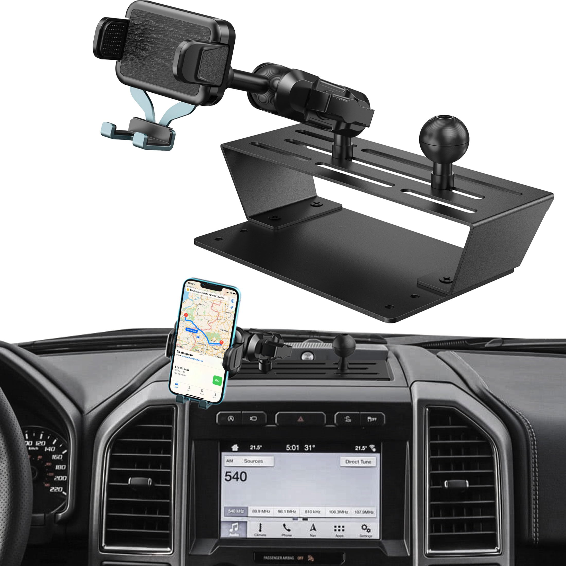 Surfcabin Dash Mount Phone Holder Compatible With 2015-2020 F150 2017- F250 F350 Metal Cellphone Mounting Bracket Stand For Most Cellphones