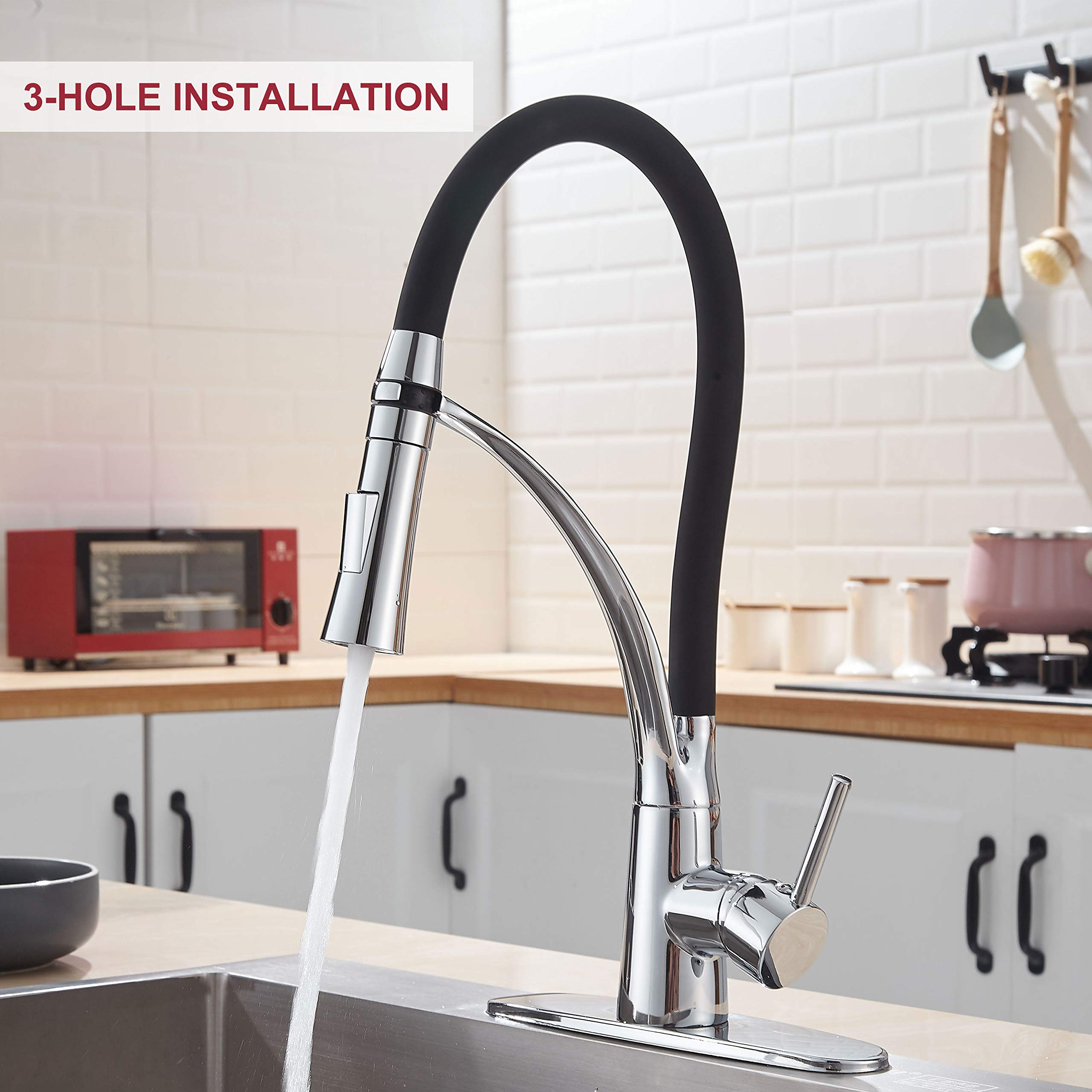 Roddex Pullout Kitchen Faucet Solid Brass Single Handle One Hole Kitchen Sink Faucet With 360 Swivel Modern Black Rubber Neck Pull Down Sprayer, 3 Hole Deck Plate, Polished Chrome
