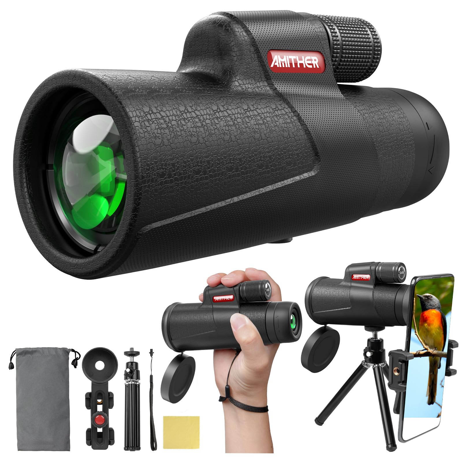 Amither 12X55 Monocular Telescope For Smartphone, High Powered Hd Compact Monocular Scope For Adults & Kids With Phone Adapter Tripod Portable Handheld Telescope For Camping Hiking Hunting Wildlife Watching