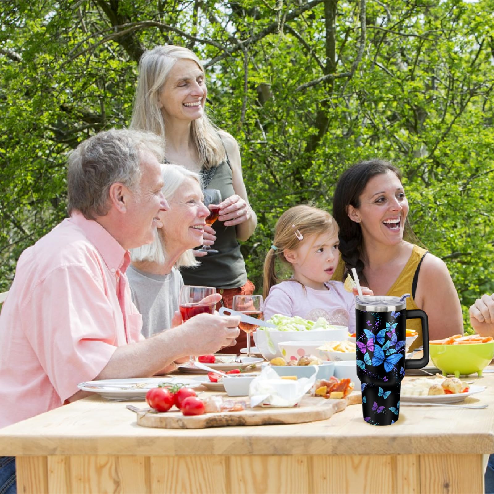 Butterfly Tumbler With Lid, Straw And Handle - 40Oz Stainless Steel Travel Coffee Mug Water Bottle