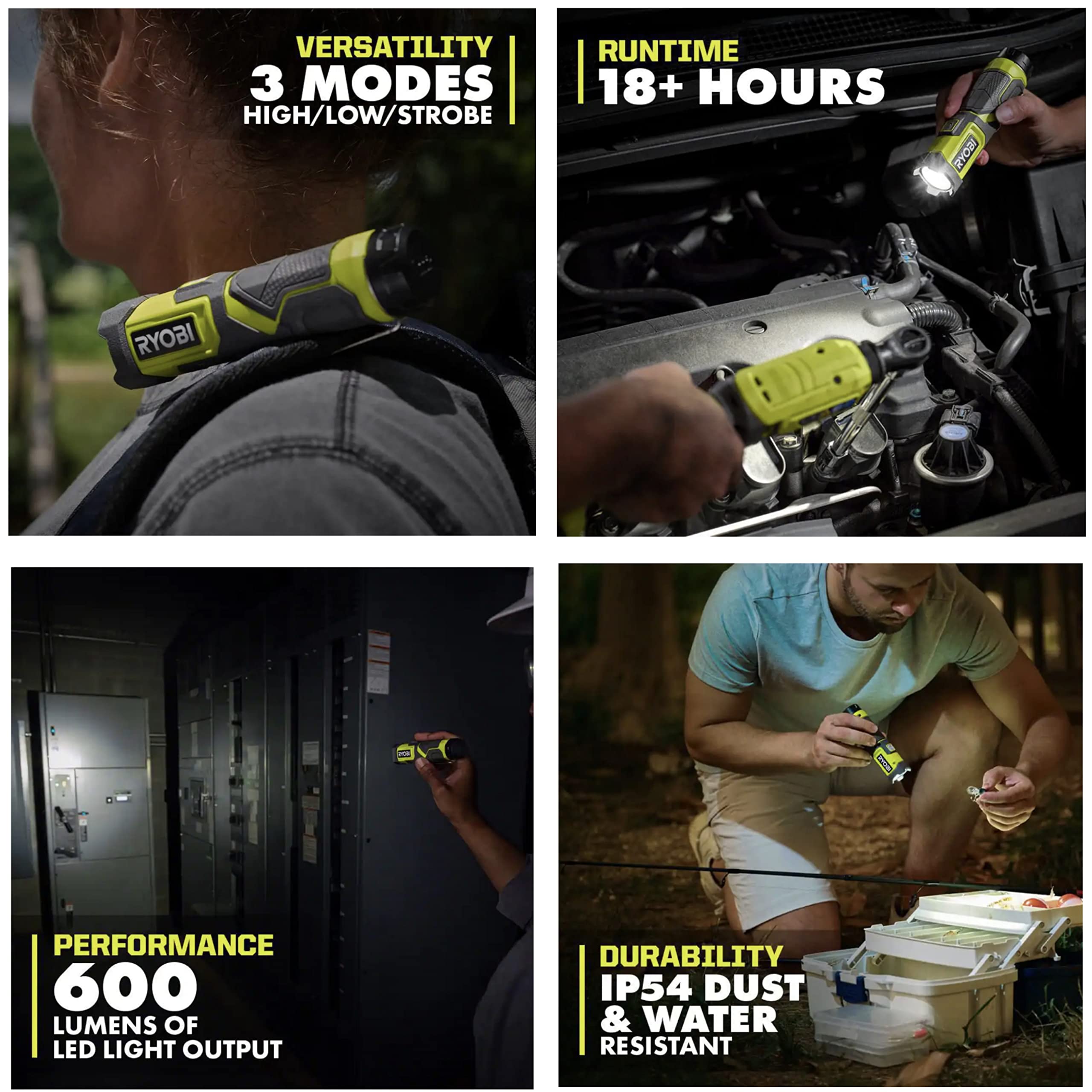 Buho Usb Flashlight Accessory Bundle – Includes Compact Cordless Flashlight, Small And Pivoting Flip Light, 2 Compatible Ryobi Lithium 2.0Ah 4V Batteries And Charging Cable (6 Items)