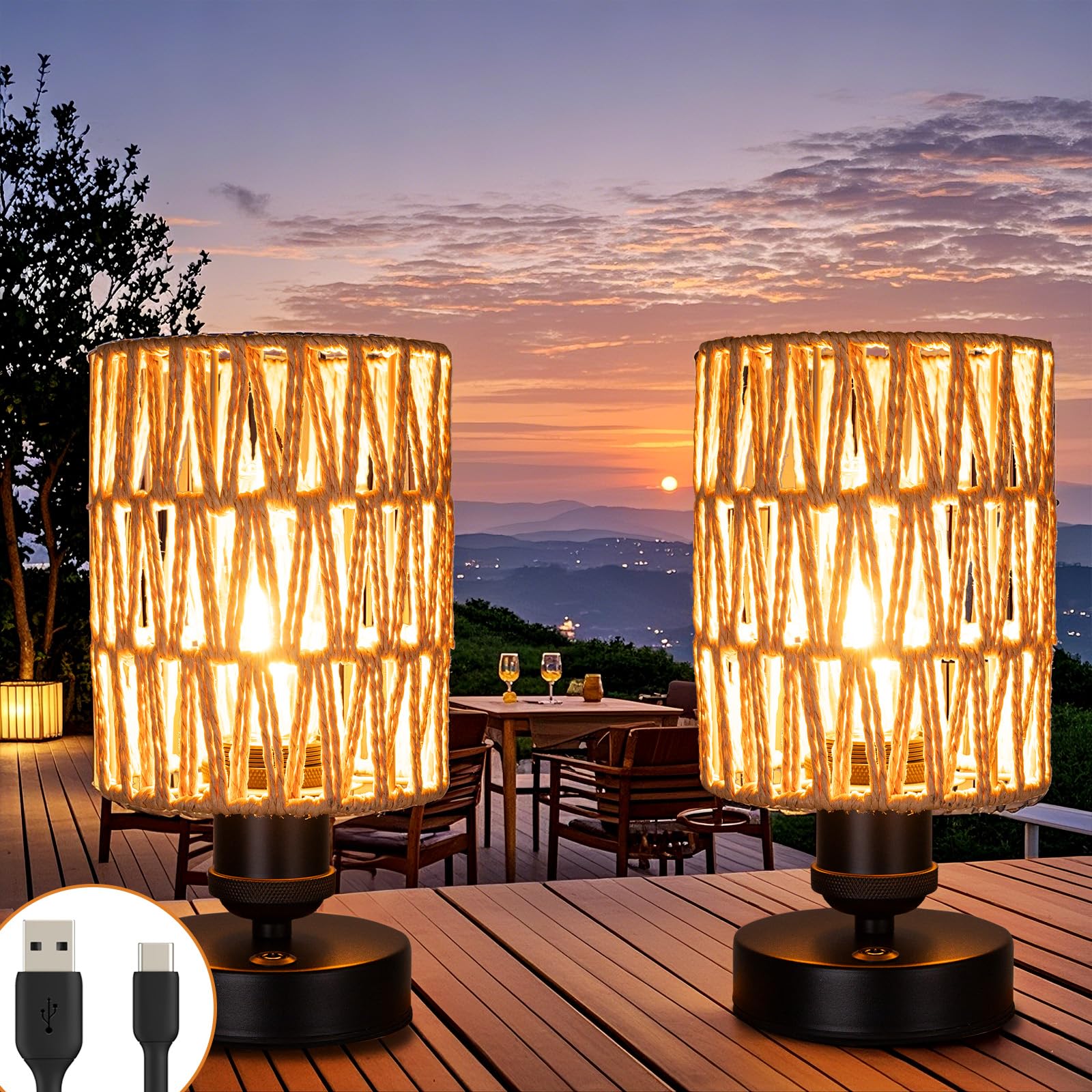 All Fortune Cordless Rechargeable Outdoor Table Lamps, Battery Operated Table Lamp, Stepless Dimmable For Patio, Living Room, And Bedroom (Bulb Included) - Set Of 2 (Beige)
