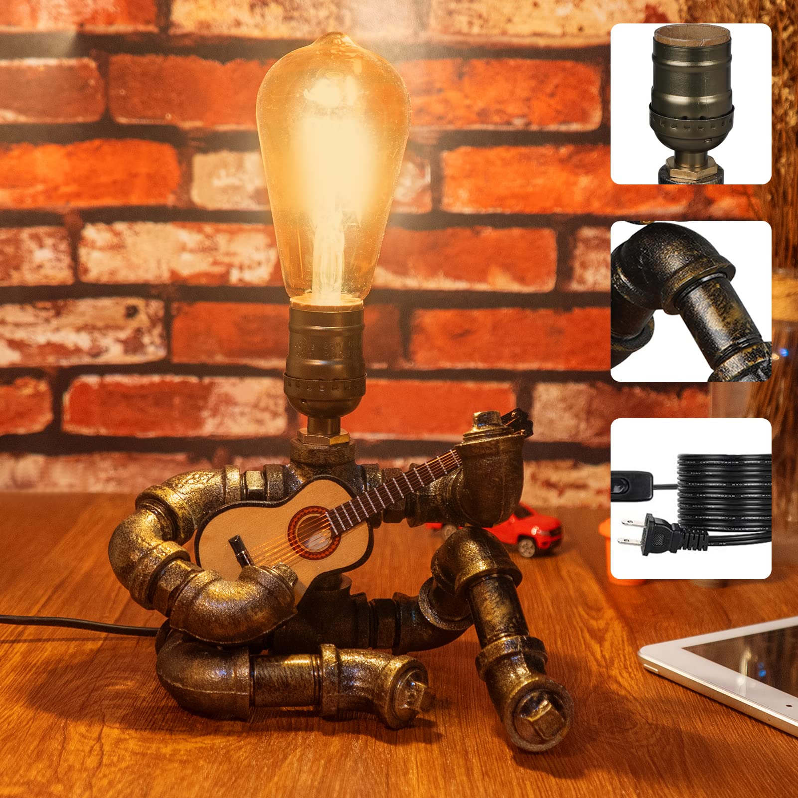 Gohoki Steampunk Decor Table Lamp: Cool Art Decoration For Men Guitar Players - Antique Desk Pipe Lamp With Edison Bulb