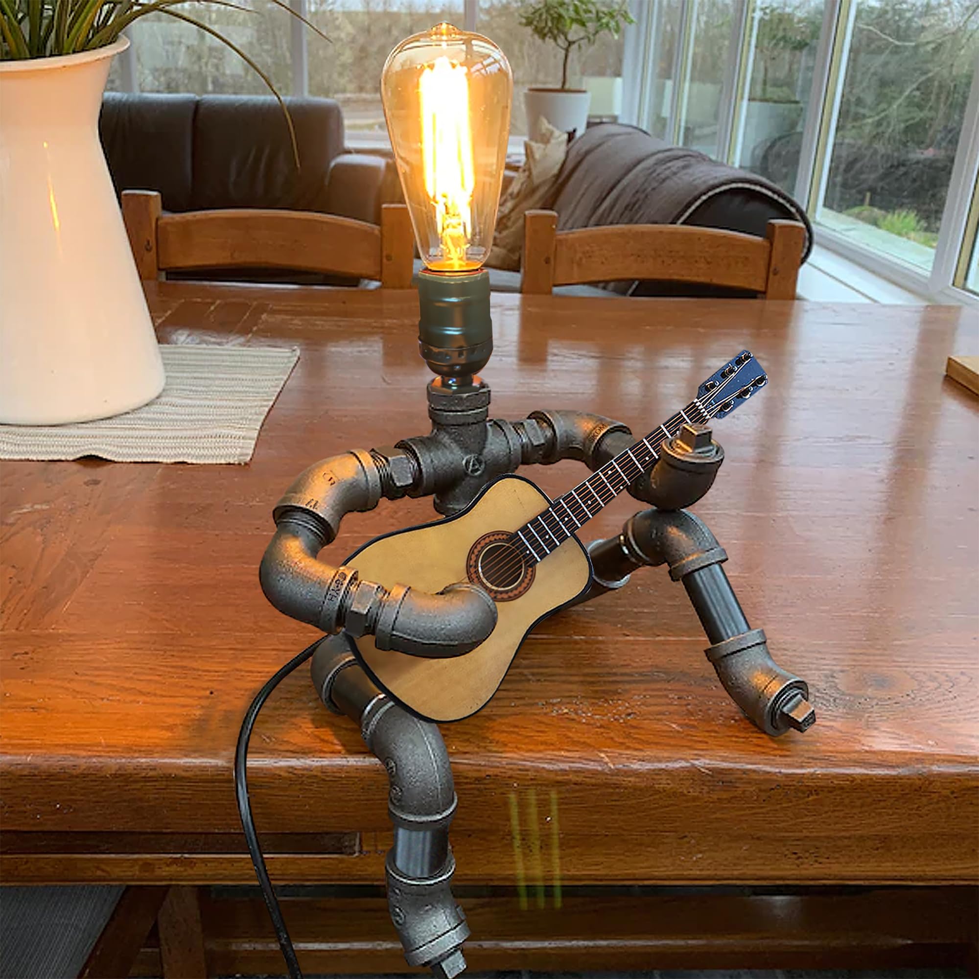Skdm Music Guitar Table Lamp Art Decor, Guitar Themed For Men, Metal Industrial Robot Desk Lamp, Steampunk Vintage Pipe Lamp