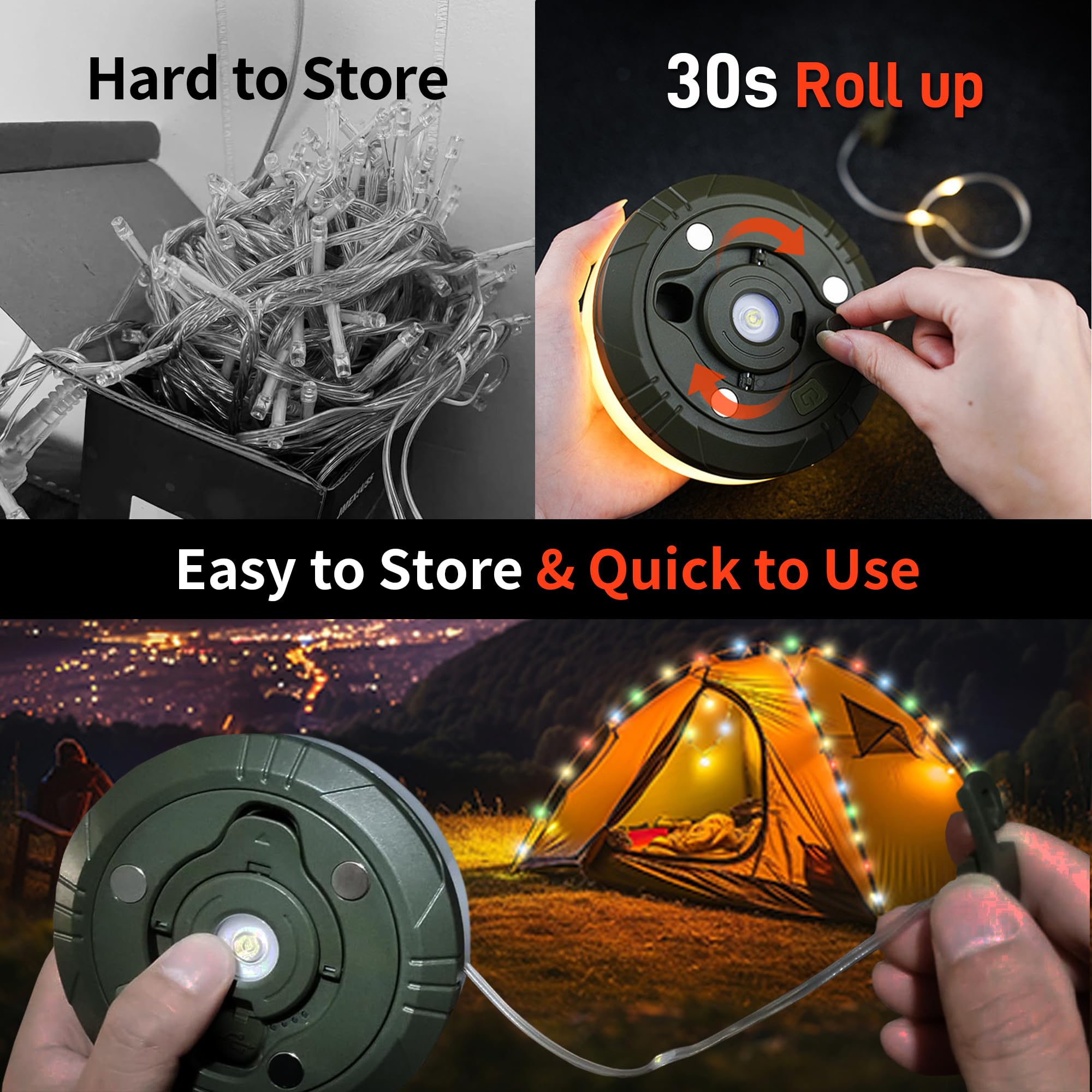 Wowza Powah 4 In 1 Camping String Lights 32.8Ft Outdoor Quick Storage Camping Lights String & Lanterns, 8 Modes Retractable Camping Essentials Waterproof Camp Lights For Tent Gear