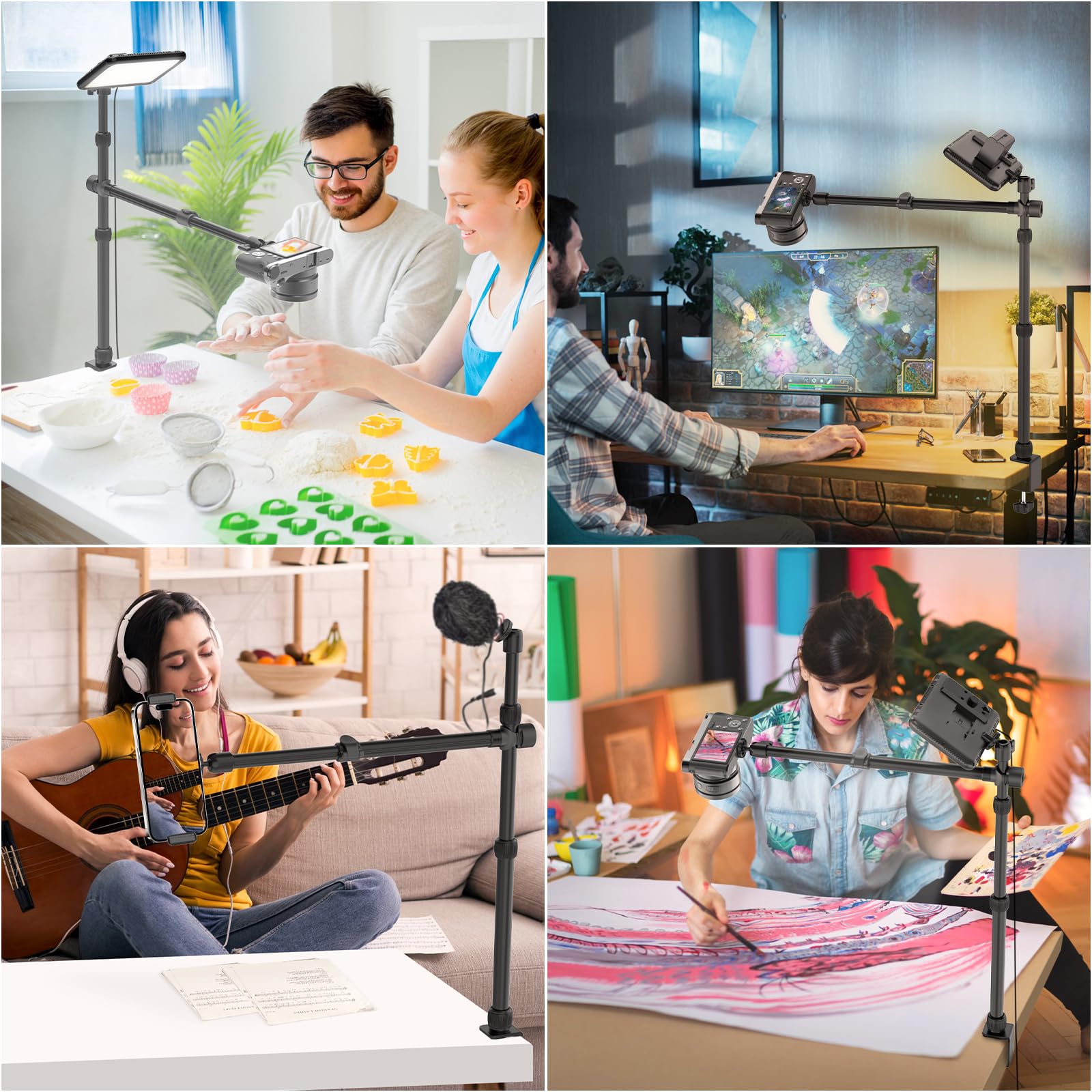 Ailight Overhead Camera Mount Desk Stand, 15.75"-33.45" Webcam Mount With 2-Section Adjustable Telescopic Boom Arm, C Clamp/Swiveling Ball Head For Dslr Camera, Phone, Ring Light, Webcam