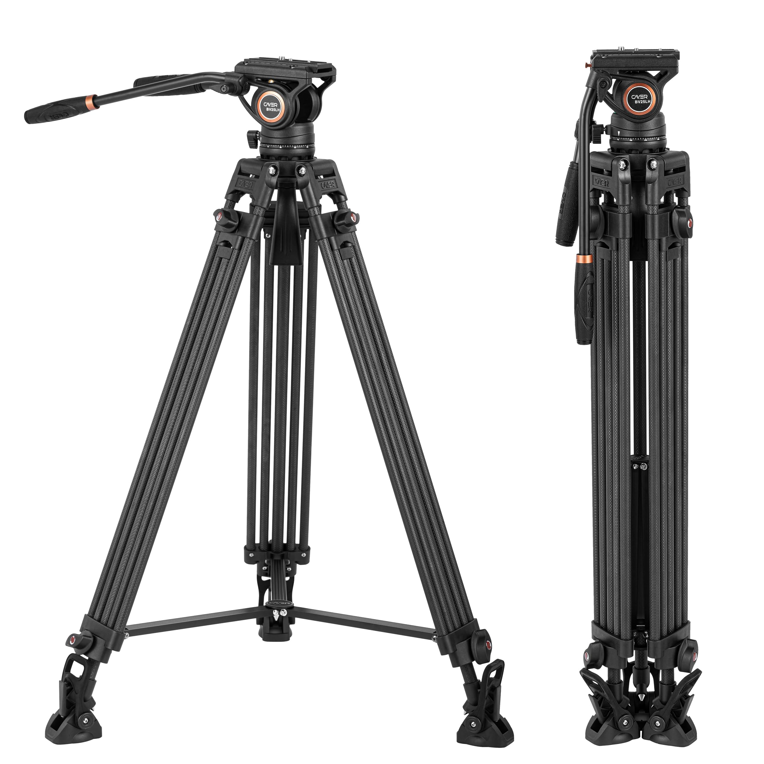 Cayer Bv25Lh Video Tripod System, 74 Inch Carbon Fiber Professional Heavy Duty Camera Tripod Kit, Twin Tube Tripod Leg With Fluid Drag Head, 2 Pan Bar Handles, Max Loading 17.6Lb