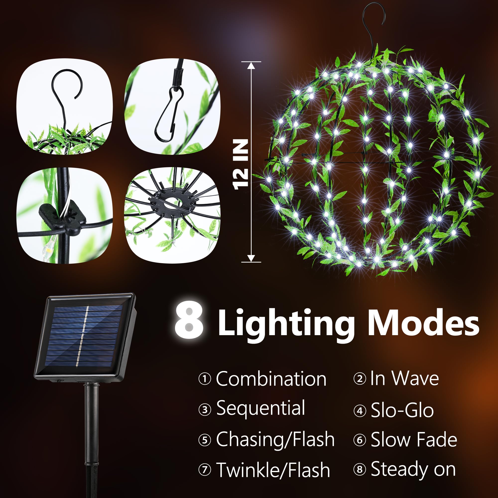 Flacchi Solar Powered Hanging Iron Sphere Lights With Artificial Greenery – 12Inch 120 Led Waterproof Outdoor Decor Ball Light With Timer & 8 Modes – 2 Pack For Garden, Christmas, Weddings (Cool White)