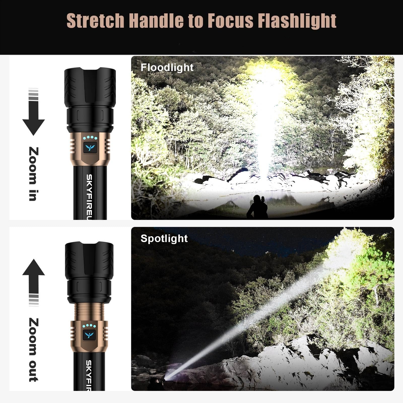Skyfire Led Flashlights High Lumens With Ignition Lens,1500000Lm Super Bright Rechargeable Flashlight, Zoomable,Four Modes,Waterproof Tactical Flash Light For Camping Essentials,Outdoor And Home