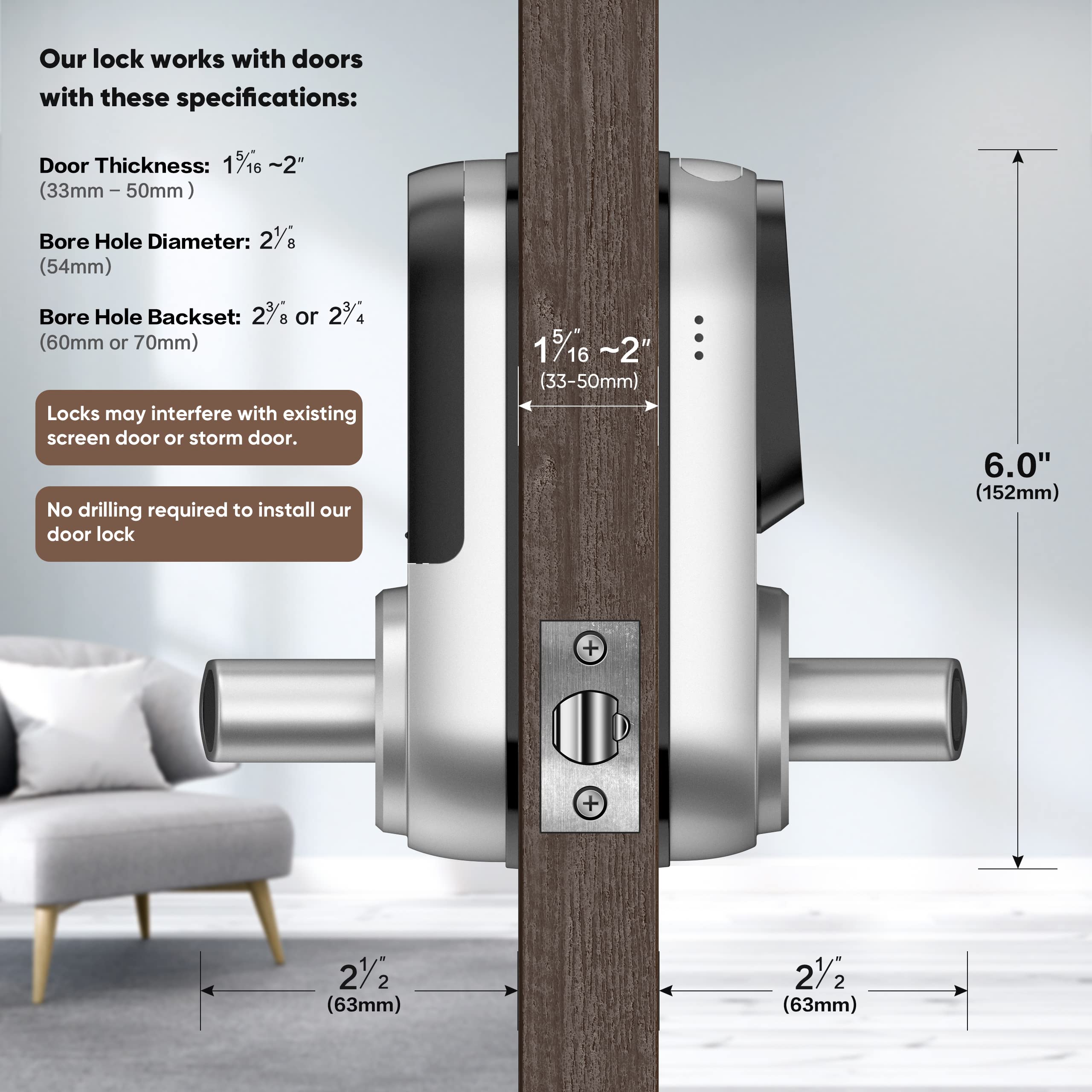 Sifely Keyless Entry Smart Lock - Fingerprint & Keypad Access, Front Door Handle, Silver