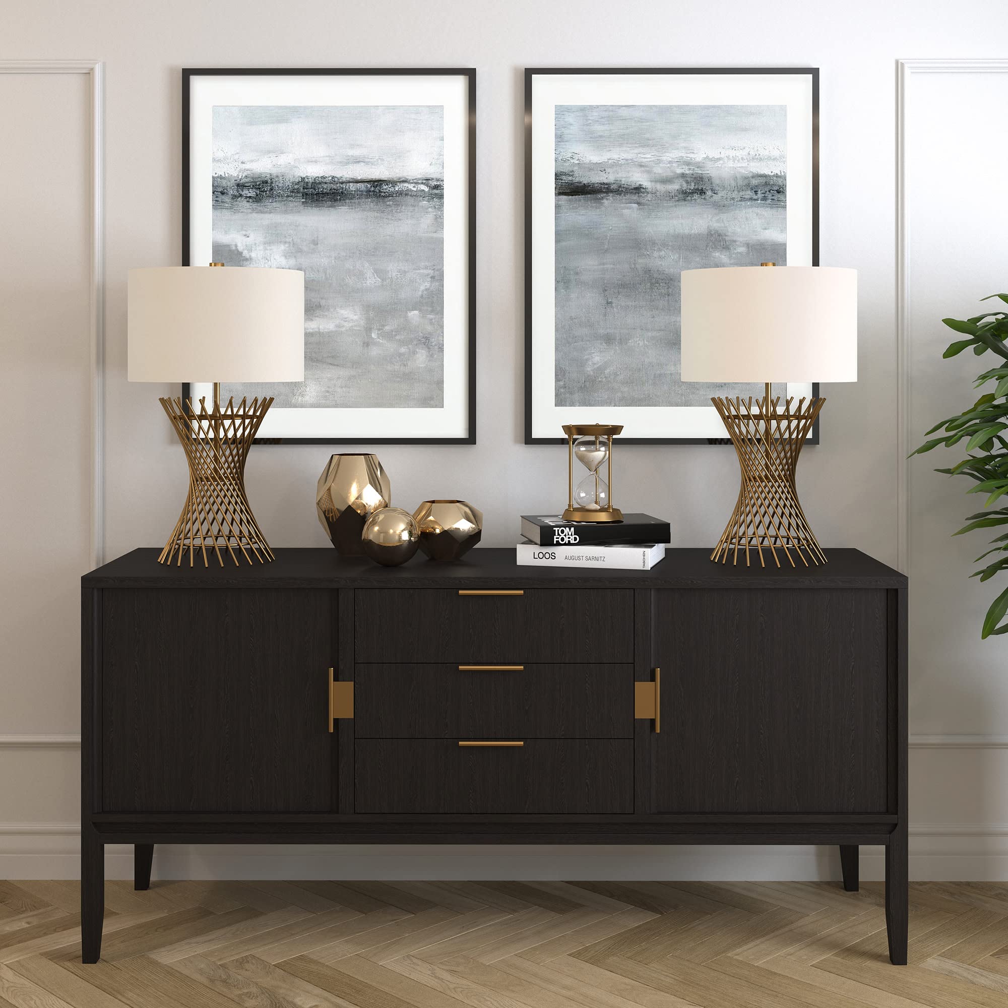 Henn&Hart 25" Tall Table Lamp With Fabric Shade In Antique Brass, For Home, Living Room, Bedroom, Entertainment Room, Office, Kitchen, Dining