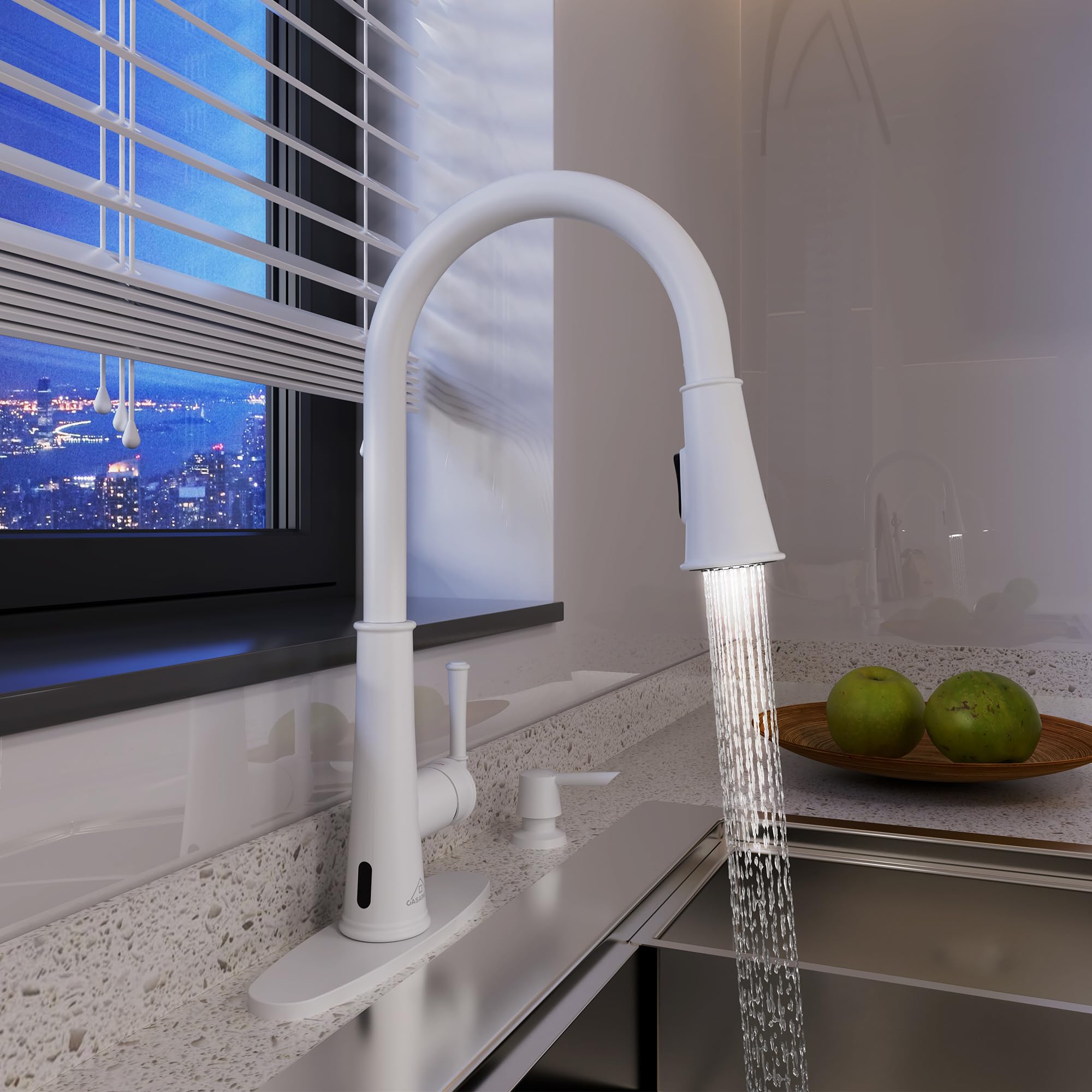 Casainc Touchless Kitchen Faucet With Pull Down Sprayer And Led Light Motion Sensor Kitchen Sink Faucet With Soap Dispenser Single-Handle Matte White Faucet For Kitchen Laundry Rv And Bar