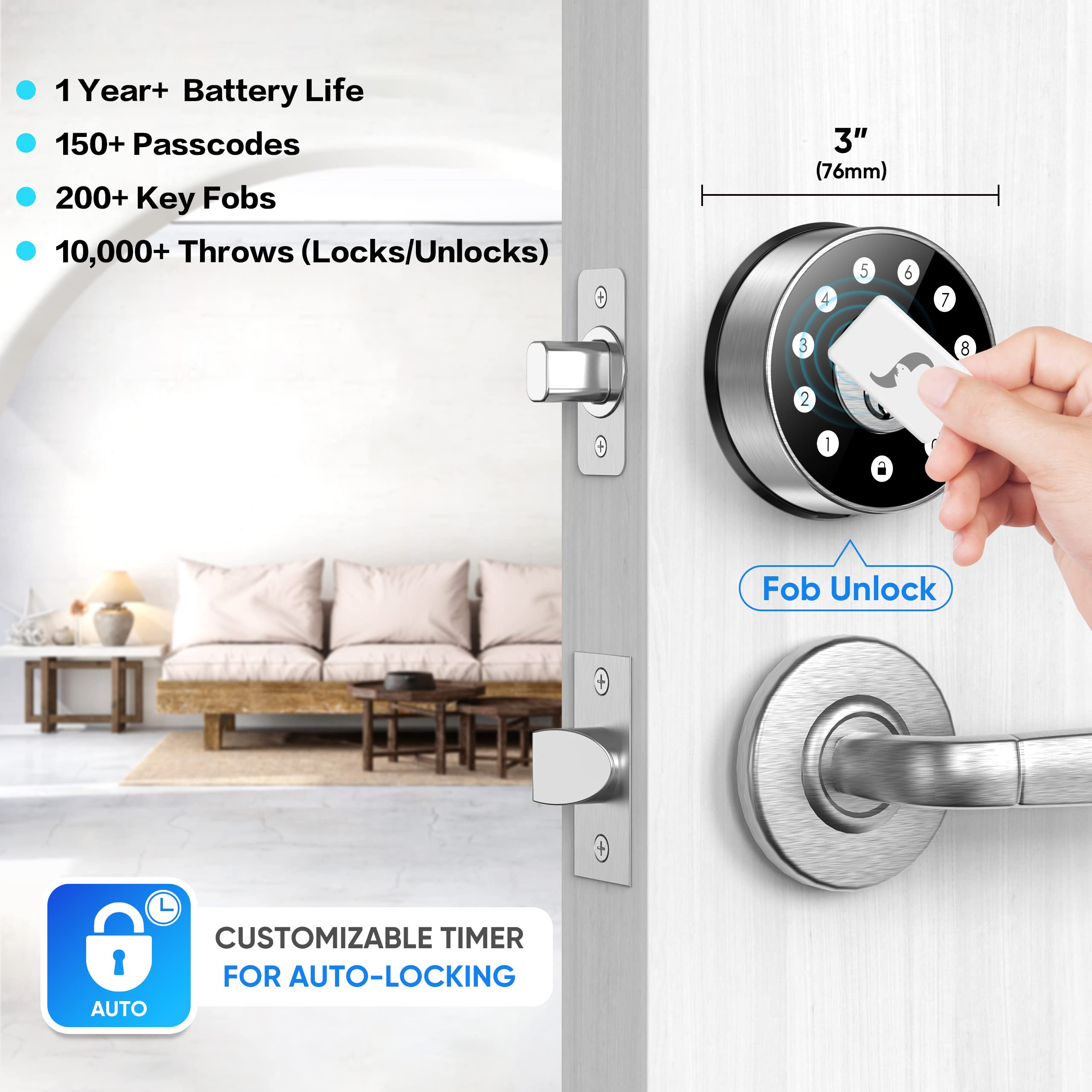 Sifely Keyless Deadbolt Smart Door Lock: Digital Keyless Entry Door Lock For Front Door, Code & Fob Access, App Control, Auto Lock, Easy To Install (Silver)