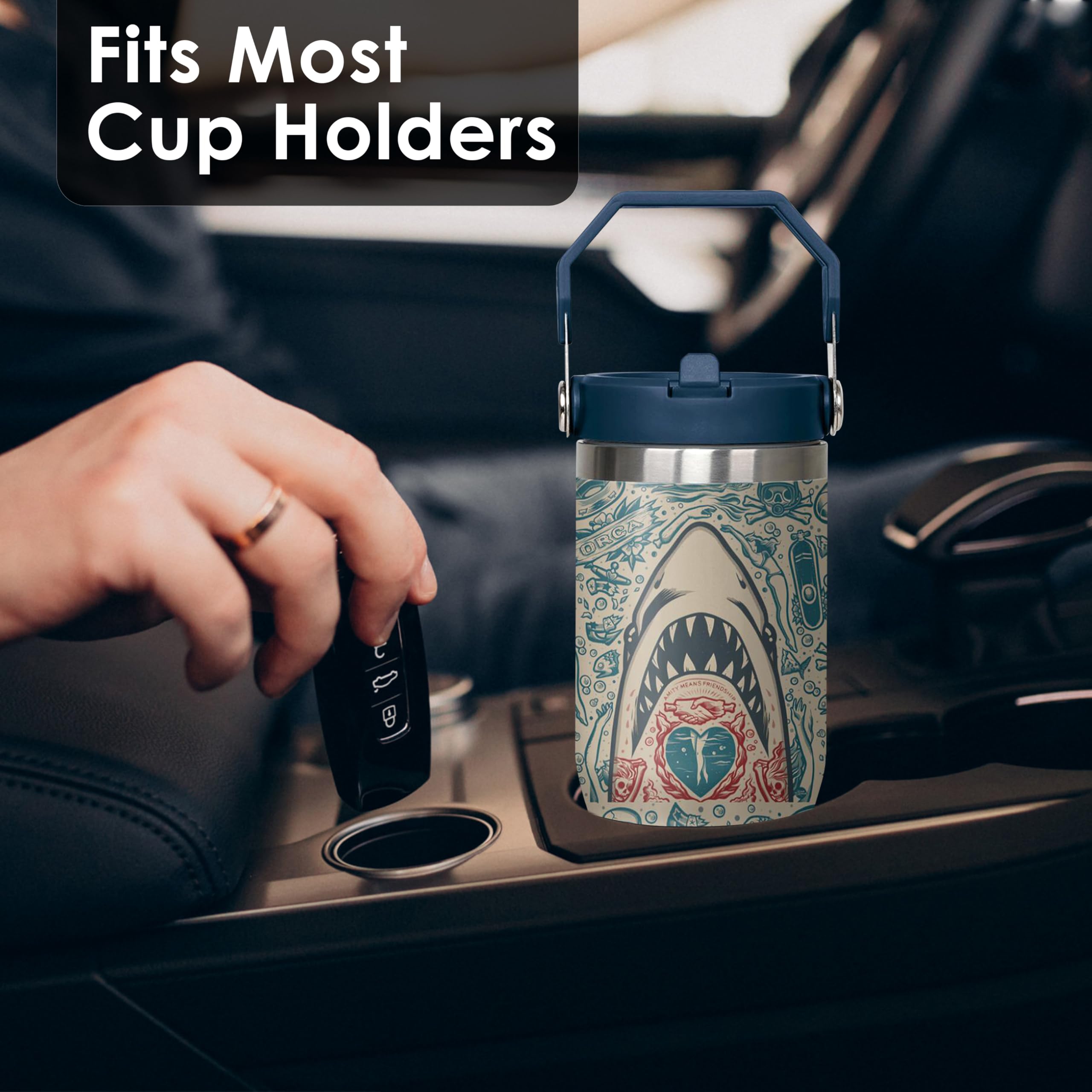 30 Oz Shark White Flip Straw Tumbler With Top Handle For Sharkhead White Lover Resuable