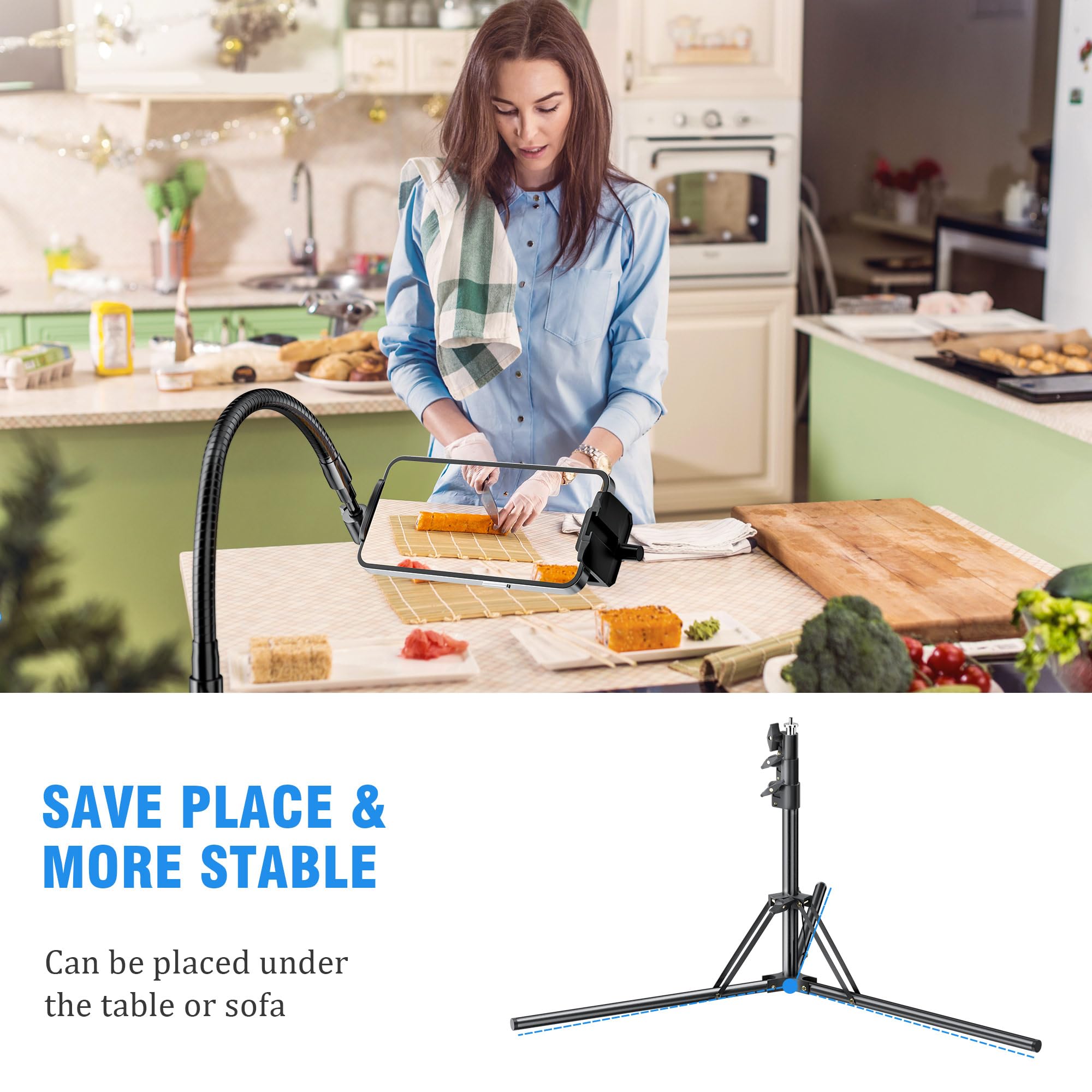 Yotilon Tall Flexible Phone Tripod With Adjustable Gooseneck, Remote For 4.9-12.9'' Cell Phone/Ipad - Recording/Watching/Cooking/Vlogging