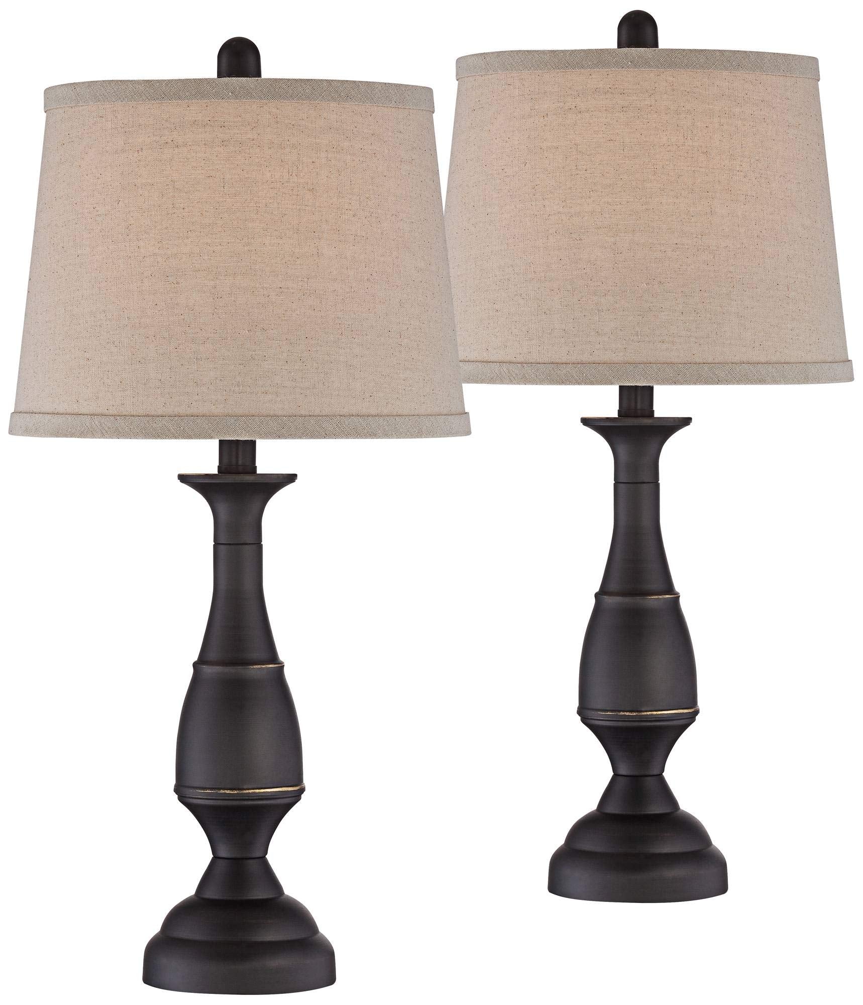 Regency Hill Ben Farmhouse Traditional Table Lamps 25" High Full Size Set Of 2 Dark Bronze Brown Metal Beige Linen Drum Shade Decor For Living Room Bedroom House Bedside Nightstand Home Office