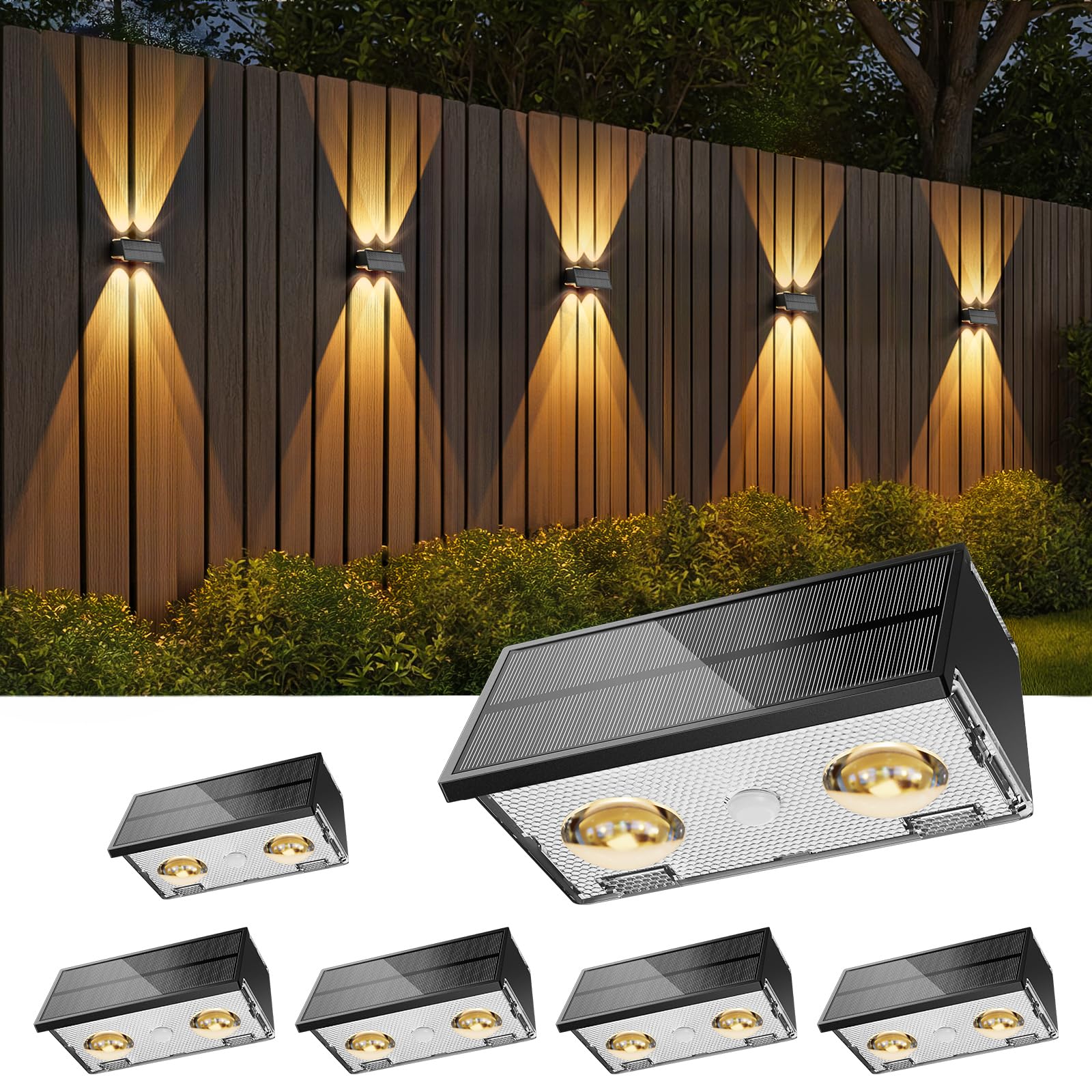 Bridika Solar Fence Lights Outdoor, 6 Pack Up And Down Wall Light, 8 Colors Lens Led Dusk To Dawn Solar Lights Outdoor Waterproof For Patio, Deck, Backyard, Garden