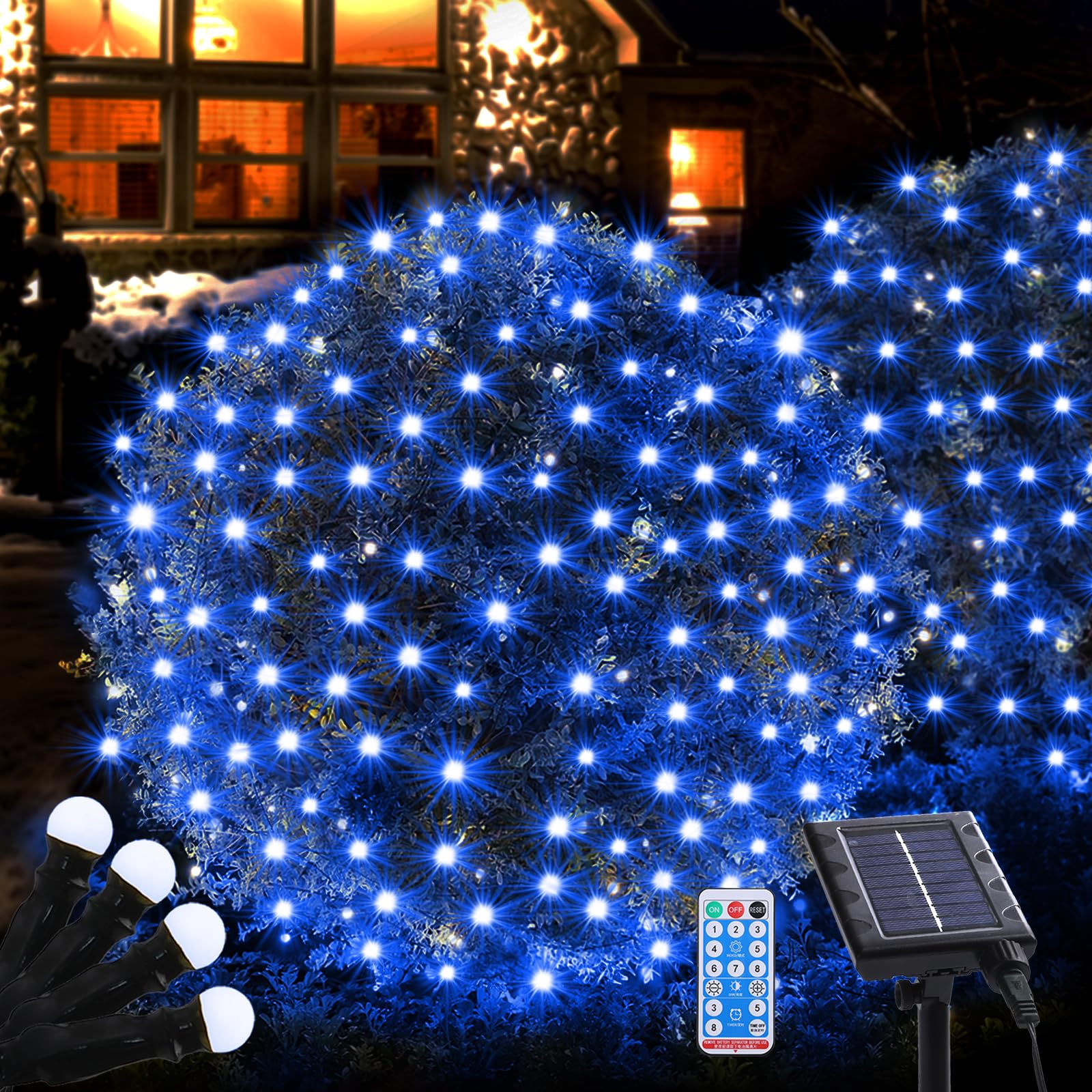 Wabarle Solar Christmas Net Lights Outdoor, 100Led 5Ftx5Ft Mesh Lights With Remote, 8 Modes Connectable, Waterproof For Bushes & Outdoor Decor (Blue)