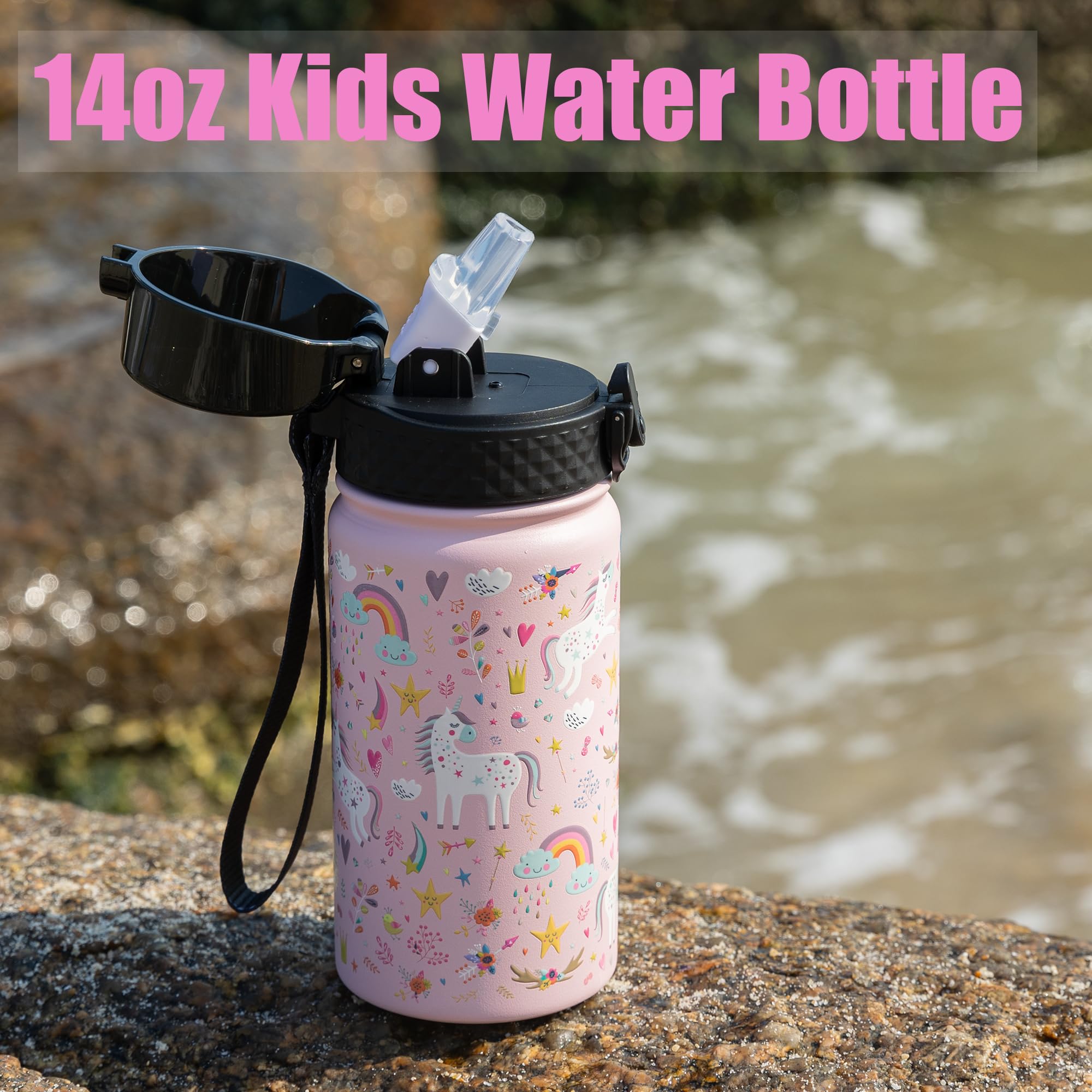 Goppus Kids Water Bottle (Straw Lid) - 14 Oz Stainless Steel Travel Bottle, Double Wall Vacuum Leak