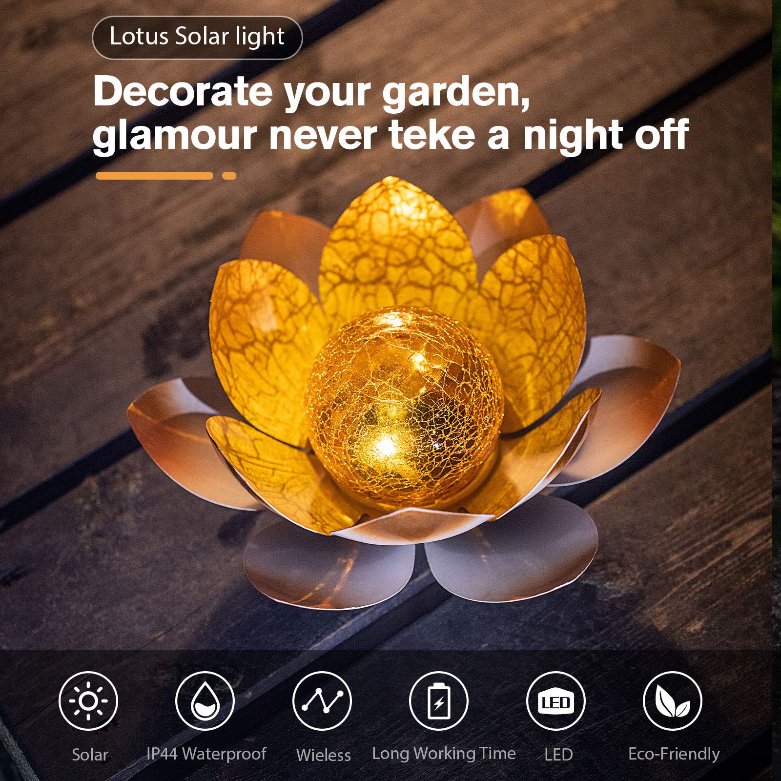 Aiiny Garden Solar Lights Outdoor(2Pack) , Amber Crackle Globe Glass Lotus Decoration , Waterproof Orange Metal Led Flower Lights For Patio,Lawn,Walkway,Tabletop,Ground, Garden  For Women
