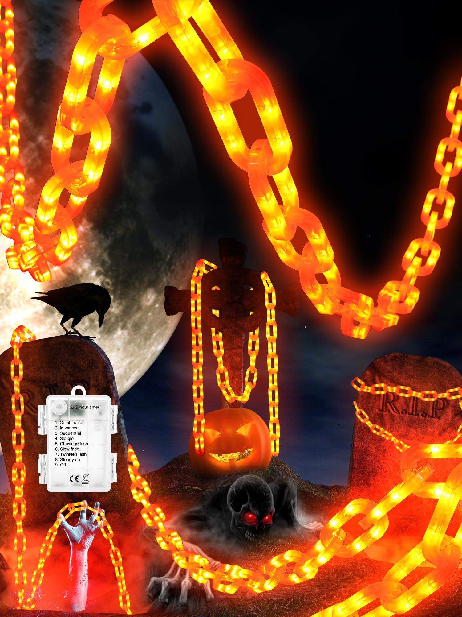 Flacchi Halloween Decorations Battery String Lights - 10 Ft 160 Led Plastic Chain String Lights With Waterproof, 8 Lighting Modes And Timer Function (Orange) Us Patent Product