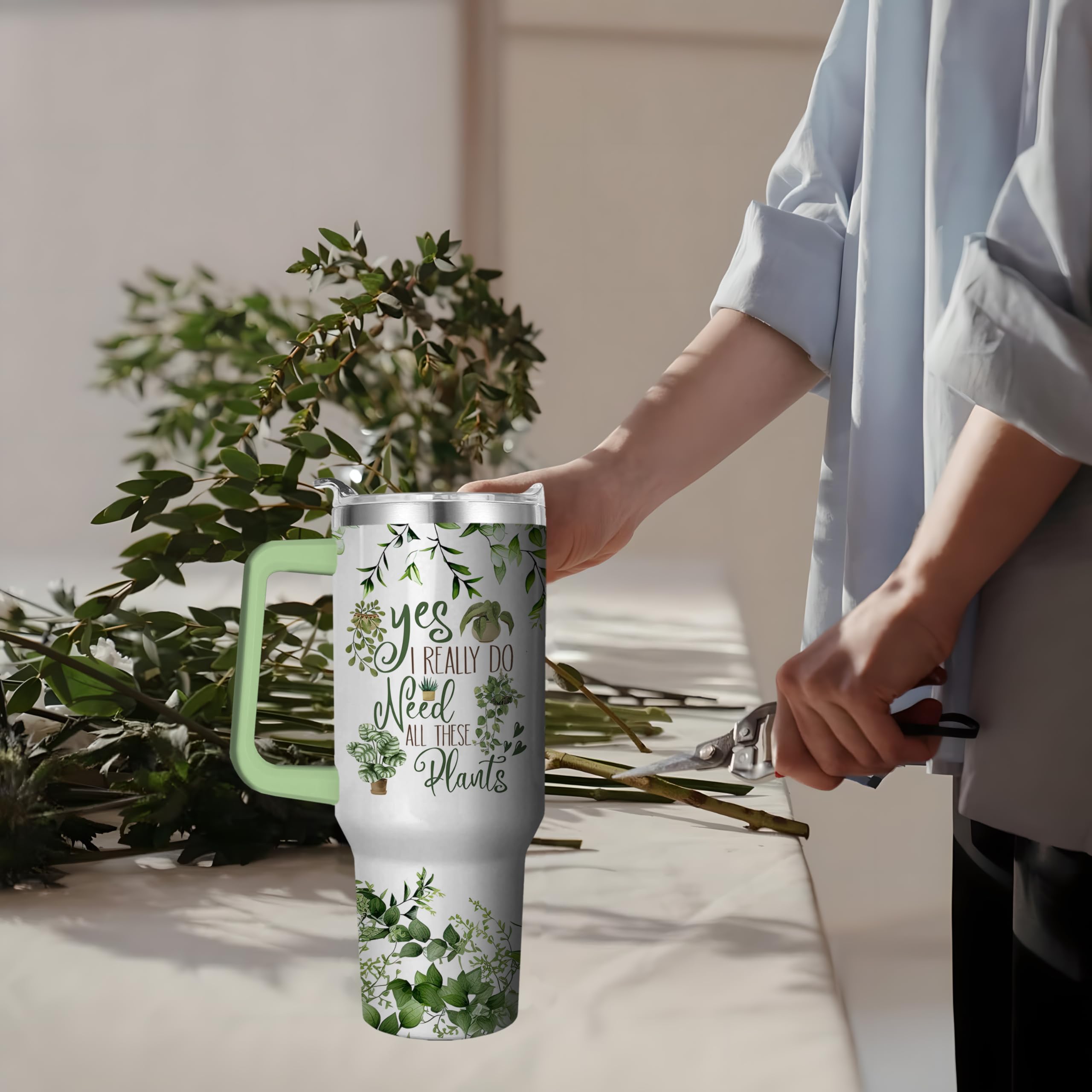 40 Oz Plant Tumbler With Handle And Straw, Double Wall Coffee Travel Mug Leak Proof, Stainless