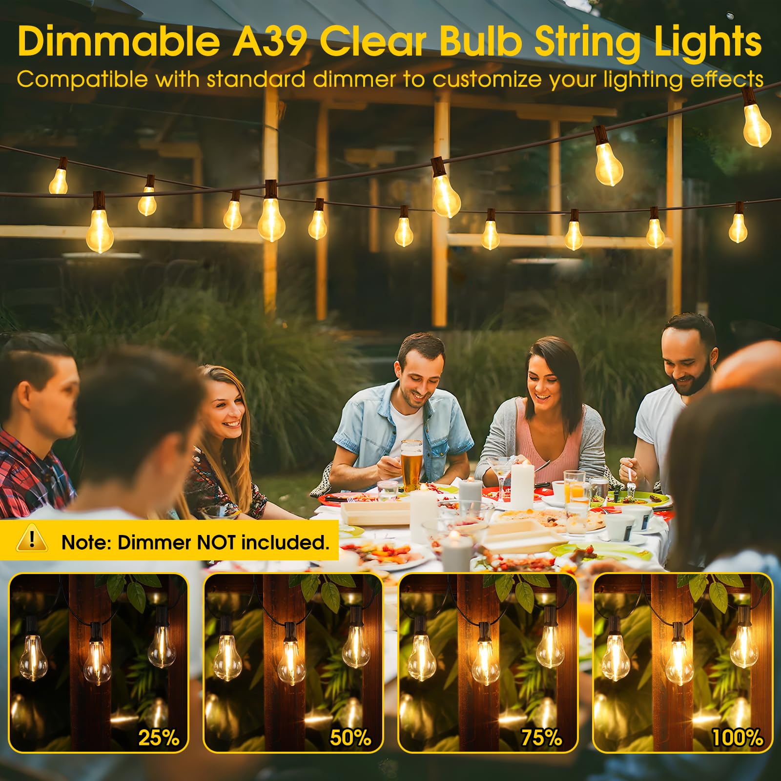 Larkvue 100Ft Led Outdoor String Lights, Waterproof Patio Lights With 42 Shatterproof Dimmable 2700K A39 Bulbs Hanging Lighting For Outside Backyard