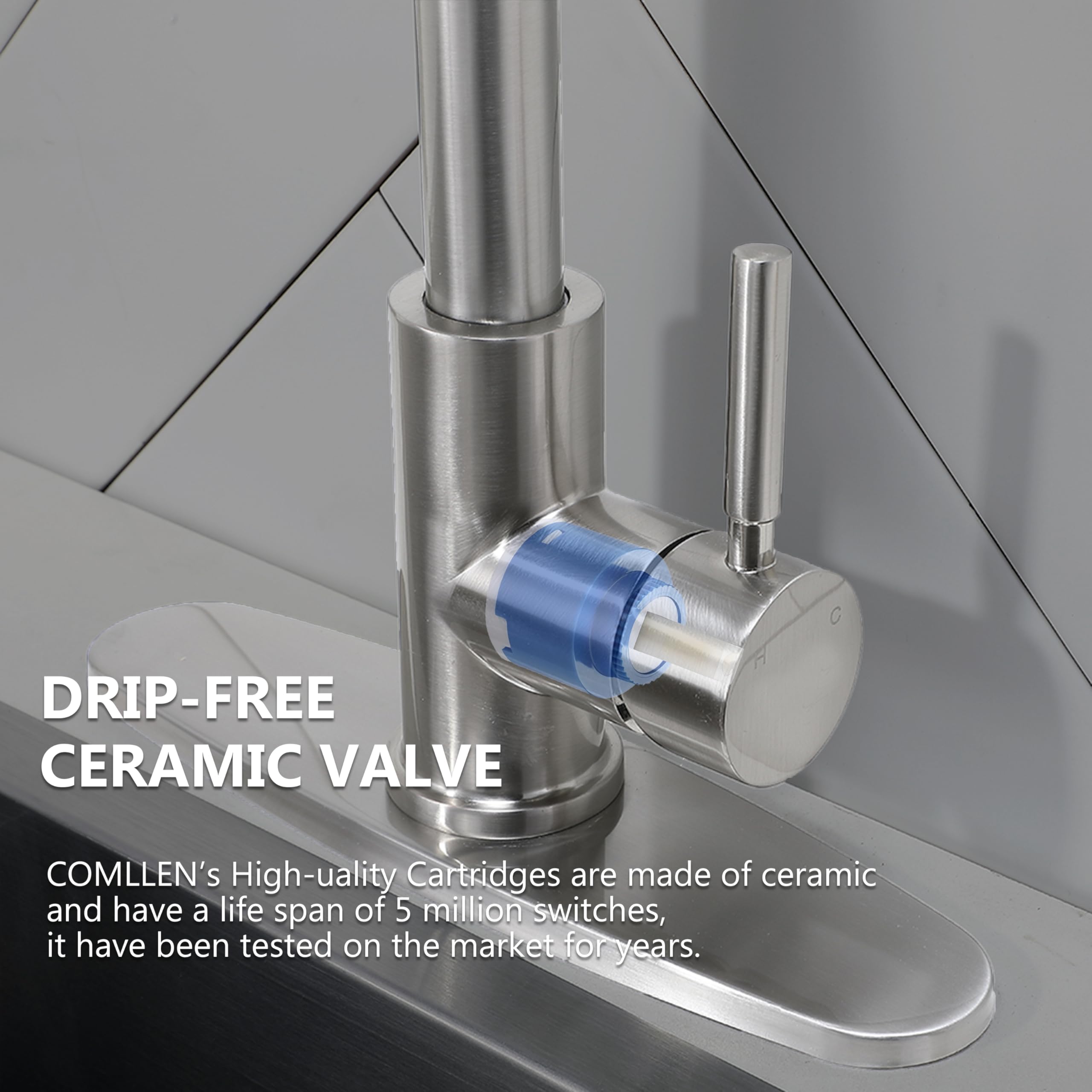 Comllen Kitchen Faucet With Sprayer, Brushed Nickel 304 Stainless Steel Kitchen Sink Faucet, High Arch Commercial Single Handle Kitchen Sink Faucets For Outdoor Utility Camper Laundry Rv Wet Bar