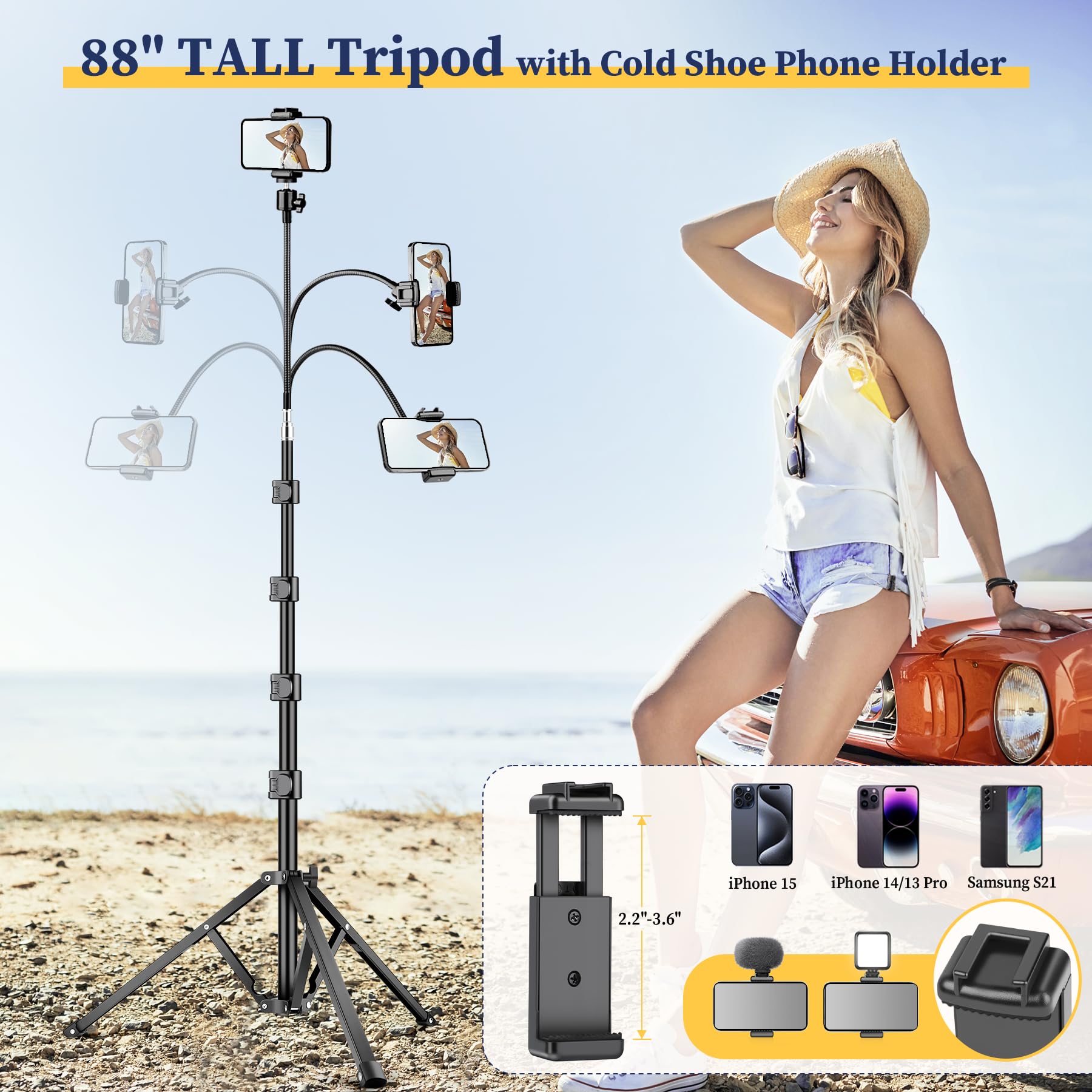 Victiv Flexible Tripod For Iphone, 88" Tall Cellphone Tripod With Gooseneck, Phone Holder And Wireless Remote, Camera Phone Stand For Recording Filming, Compatible With Iphone/Android