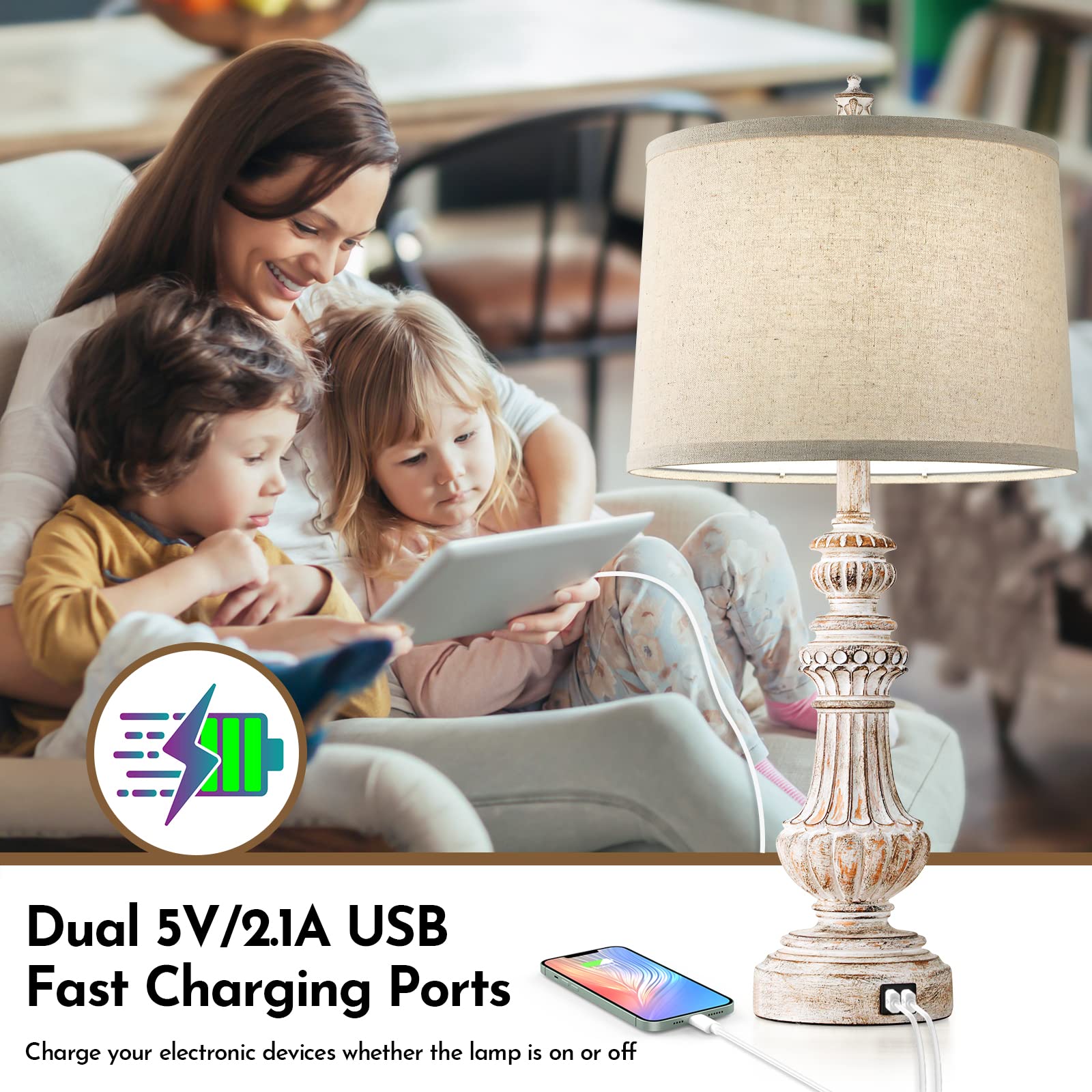 Bosceos Tall Table Lamps Set Of 2, 28” Vintage Table Lamps With Dual Usb Ports, Resin Bedside Lamps With Rotary Switch, Nightstand Lamps With E26 Base, Desk Lamp With Fabric Shade For Living Room Bedroom