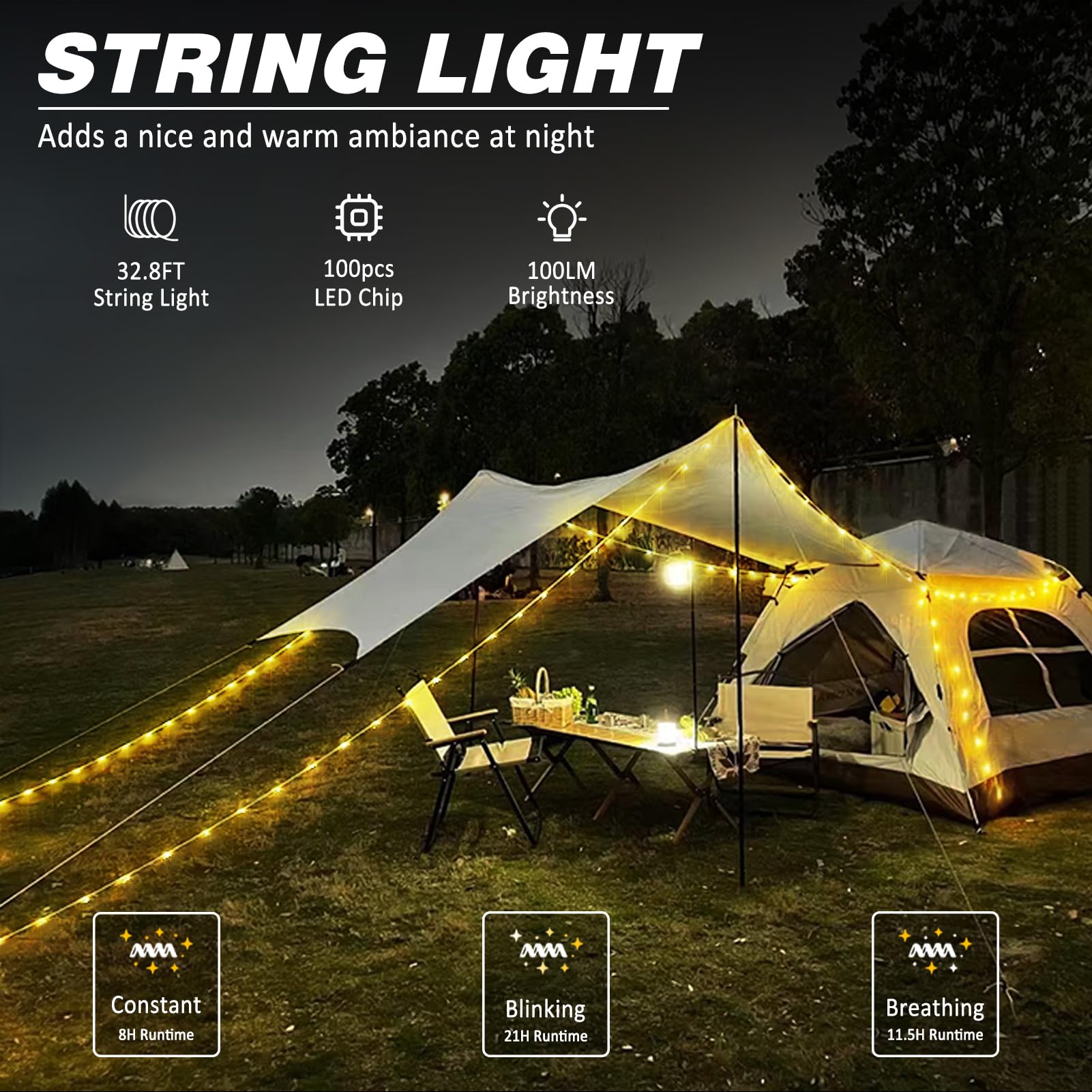 Dibms 1-Pack Camping String Light W/Lamp, 32.8Ft Rechargeable Waterproof Led Hanging Light For Outdoor Camping Awning Tent Garden Party Festival Decor