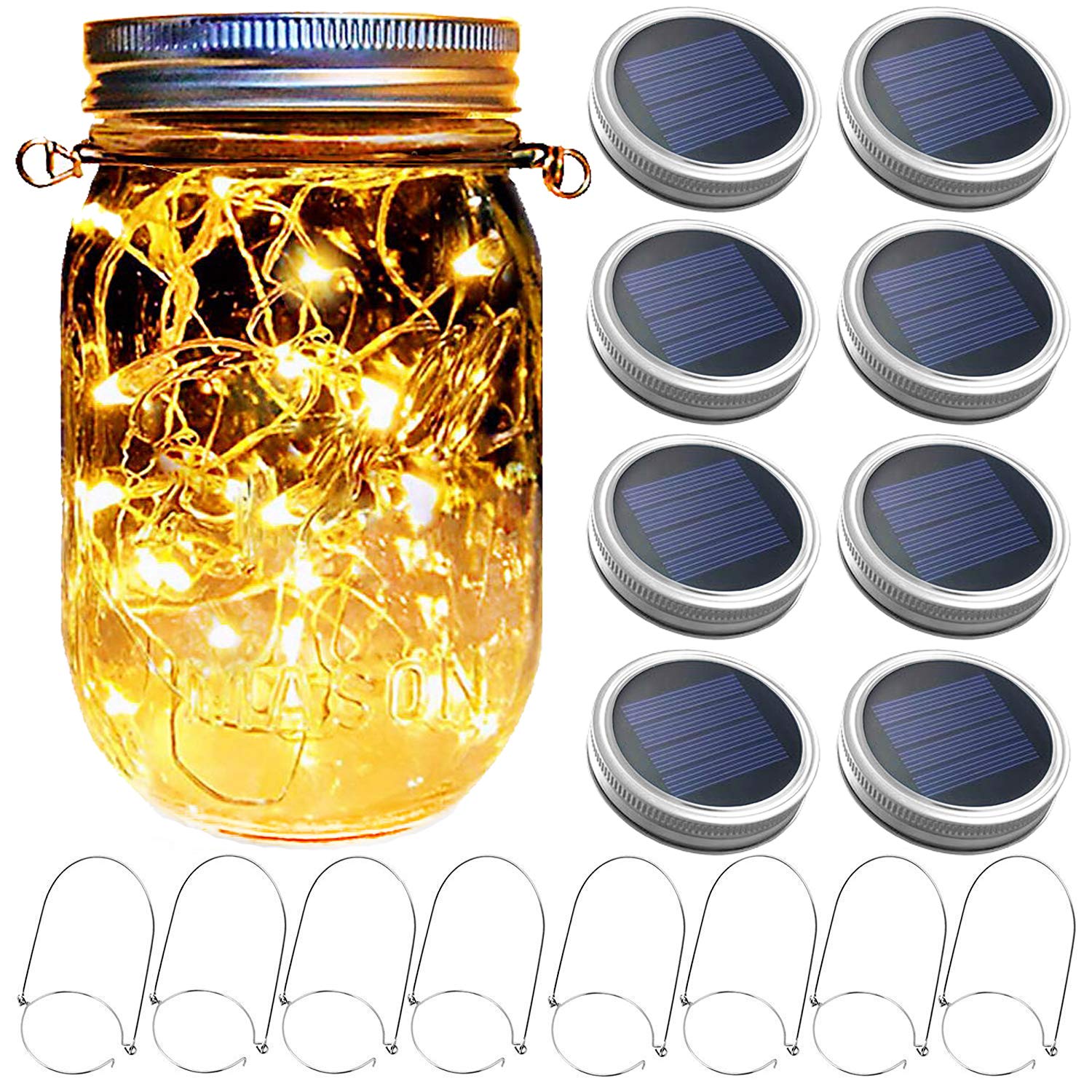 Yitee Mason Jar Solar Lantern Lights, 8 Pack 30 Led Bulbs Fairy Star Firefly Solar Lids Jar Lights,8 Hangers Included(No Jars),For Patio Garden Mason Jar Lanterns Table Wedding Decorations Lights