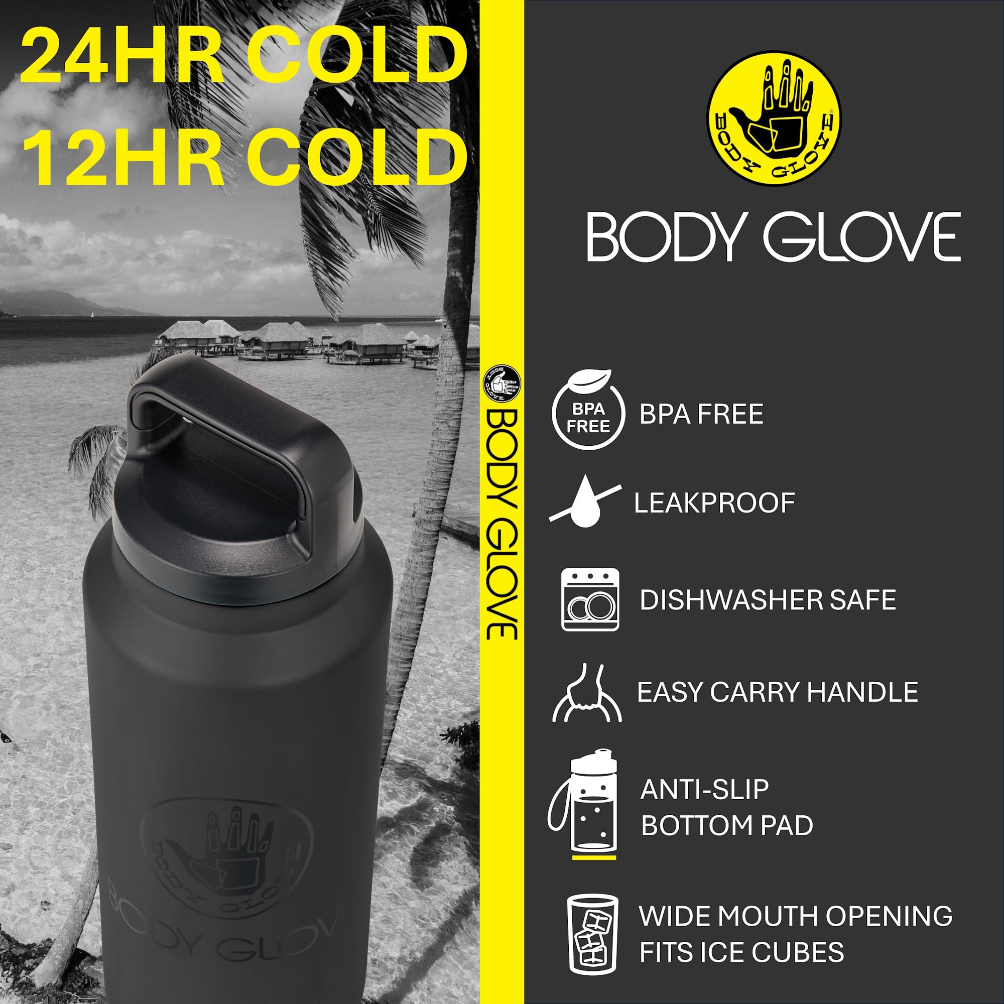 Body Glove 34Oz Insulated Stainless Steel Water Bottle, 1L Thermal Flask With Easy Cary Handle