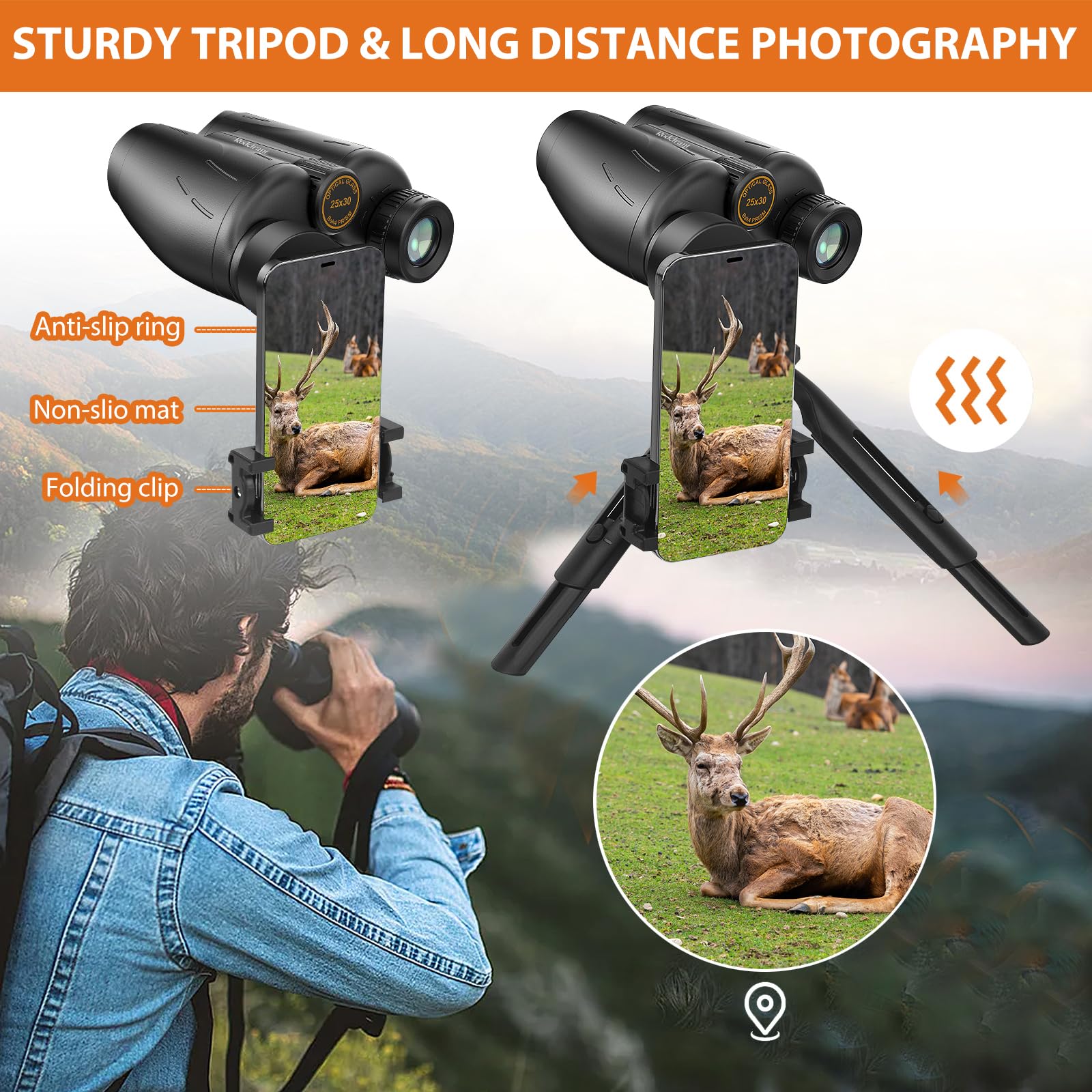 Rodcirant Binoculars 25X30 For Adults With Universal Phone Adapter, Tripod And Tripod Adapter,Large Eyepiece Easy Focus Compact And Waterproof Binoculars For Bird Watching,Hiking And Travel