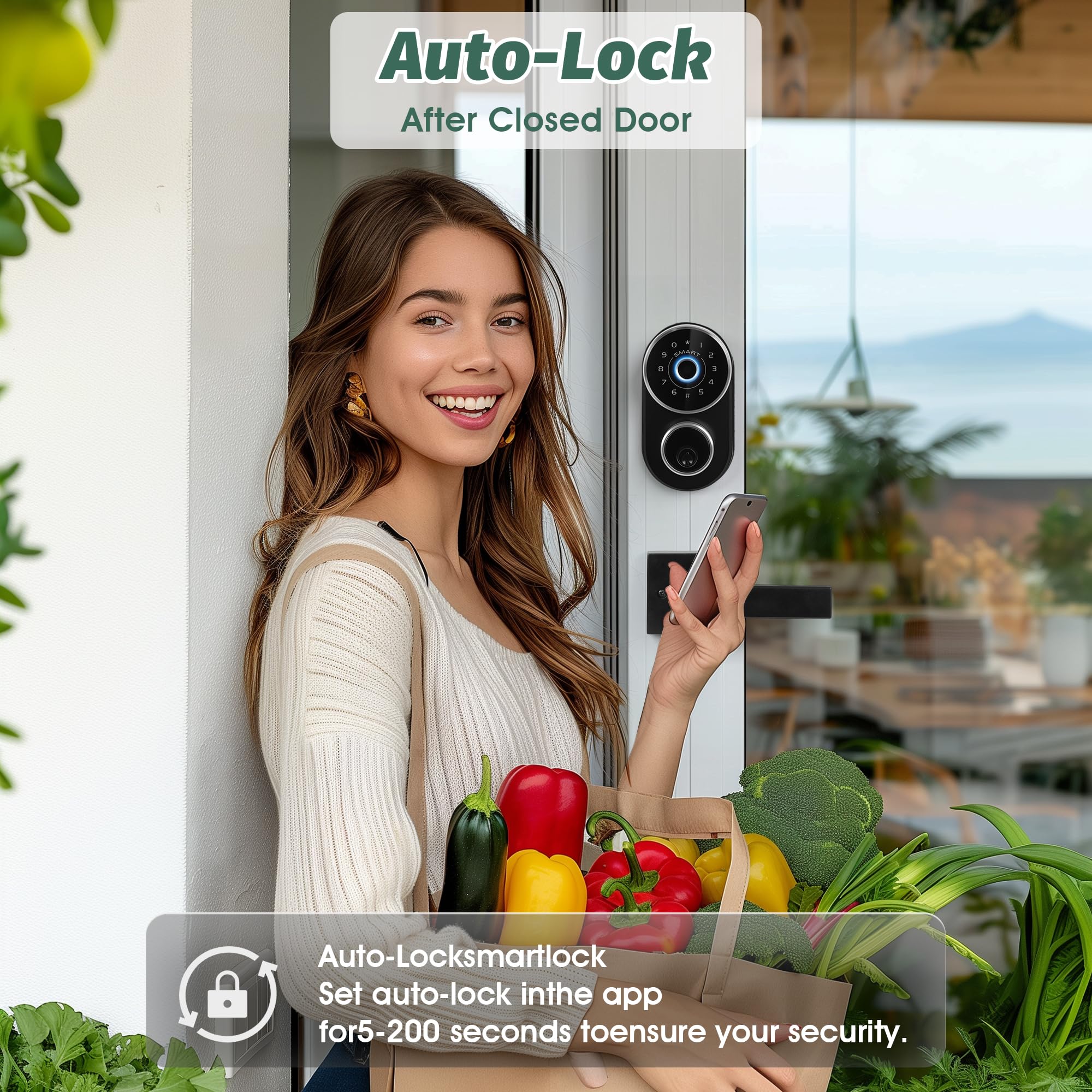 Cobuy Keyless Entry Door Lock With Handle,Digital Smart Door Deadbolt With Keypad Code,Fingerprint With App Control,Easy Installation, Auto Lock,Anti-Peeping Password