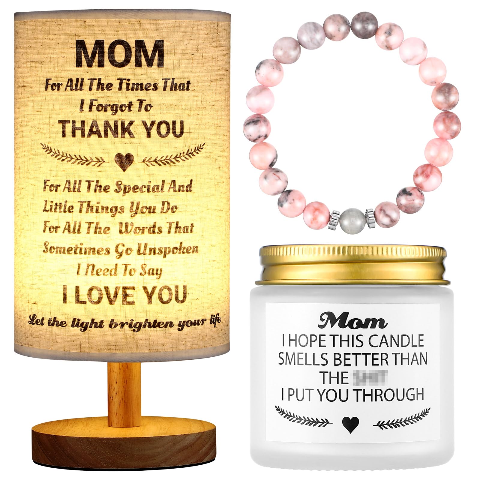 Rossesay 3Pcs For Mom From Daughter Son Mom Birthday Set Moonstone Bracelet Candles Fabric Lamp Bedside Desk Lamps With Wooden Stand For Mother'S Day