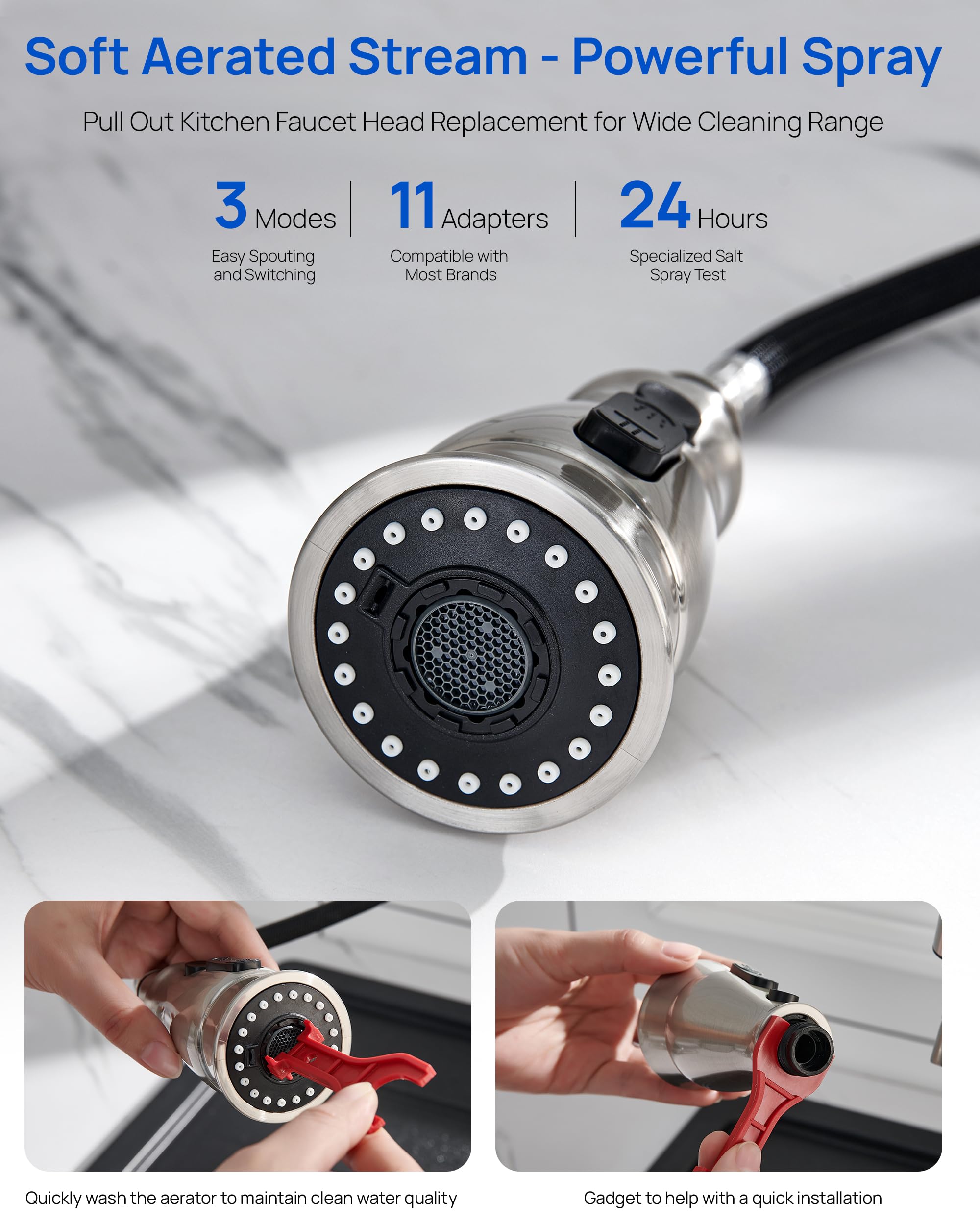 J-Hva Kitchen Faucet Sprayer Head Replacement With 15 Adapters (Updated) - Pull Down Kitchen Sink Faucet Spray Nozzle Head Replacement 3-Function Tap Spray Head For Kitchen Sink, Brushed Nickel