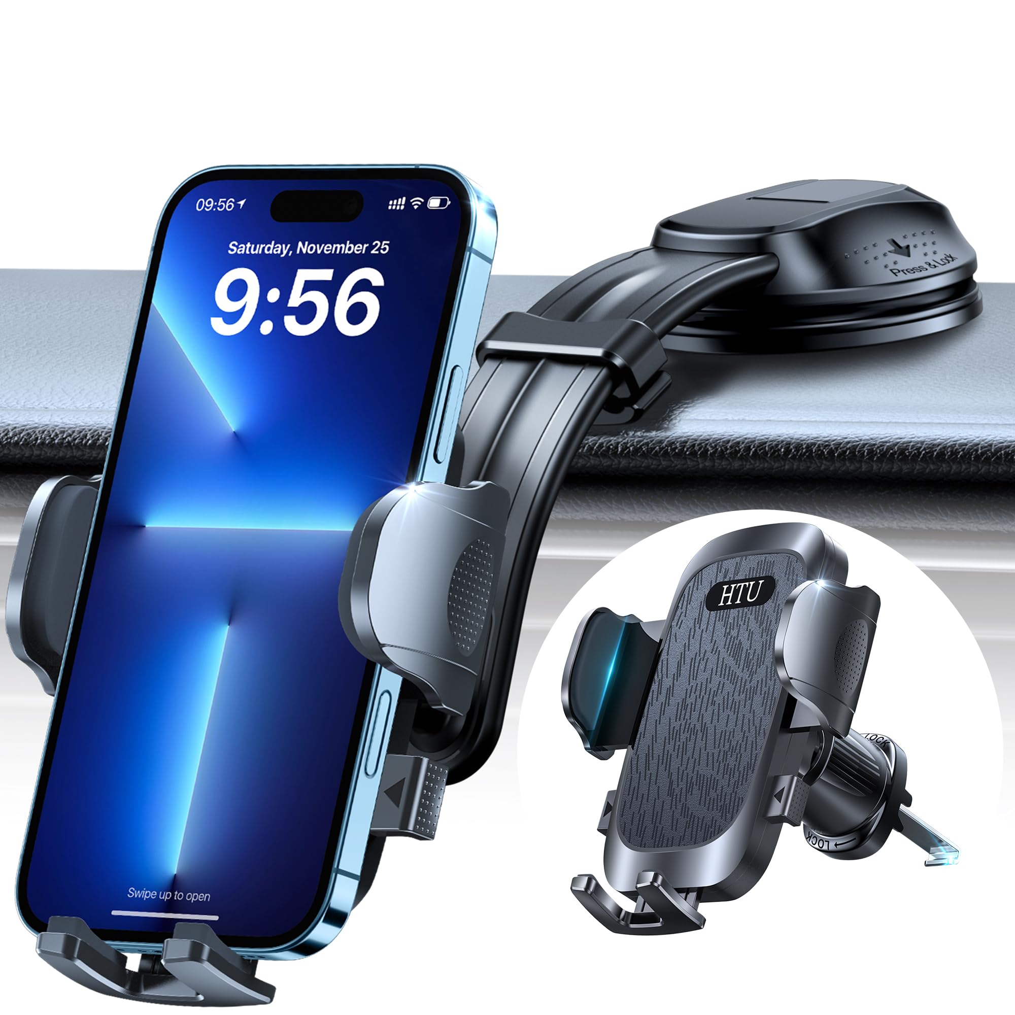 Htu Strongest Suction Car Phone Holder Bendable Arm, Never Block View Rotatable Cellphone Mount For Dashboard Windshield Vent, Cradle Stand For Iphone 16 15 14 13 12 Pro Max (Black)